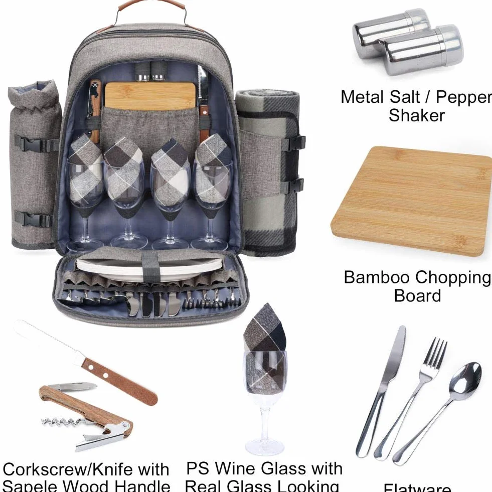 HappyPicnic Isolierter Picknickrucksack für 4 Personen mit komplettem Geschirr, geräumigem Kühlfach, Flaschenhaltern und großem wasserdichtem Picknick-Teppich