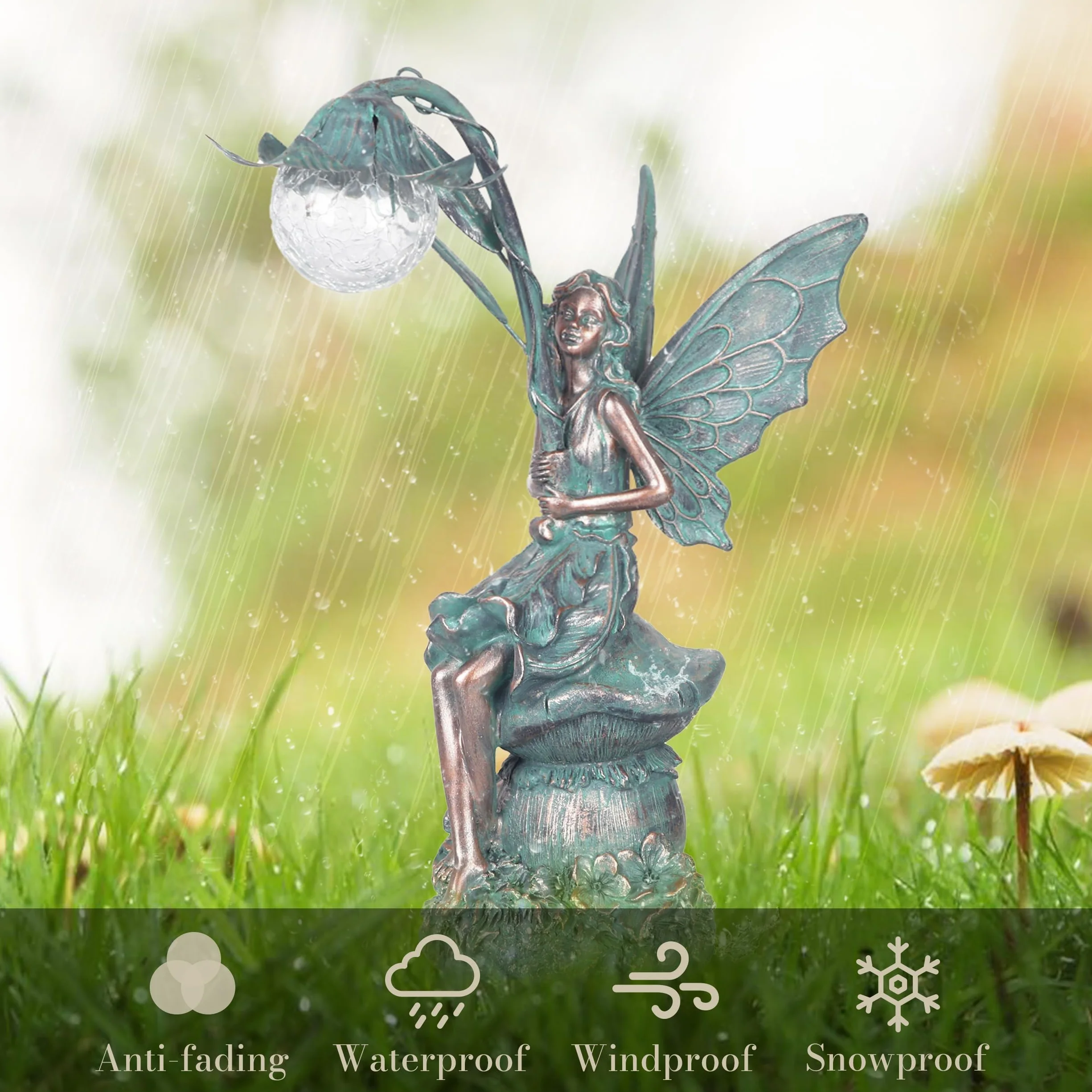 TERESA’S COLLECTIONS Figurki Ogrodowe Siedzące Elfy Kule ze Szkła Słonecznego 35cm Oświetlenie Polystone Brązowy Posąg anioła Figurki do Ogrodu Słonecznego Fairy Statue Dekoracje Ogrodowe