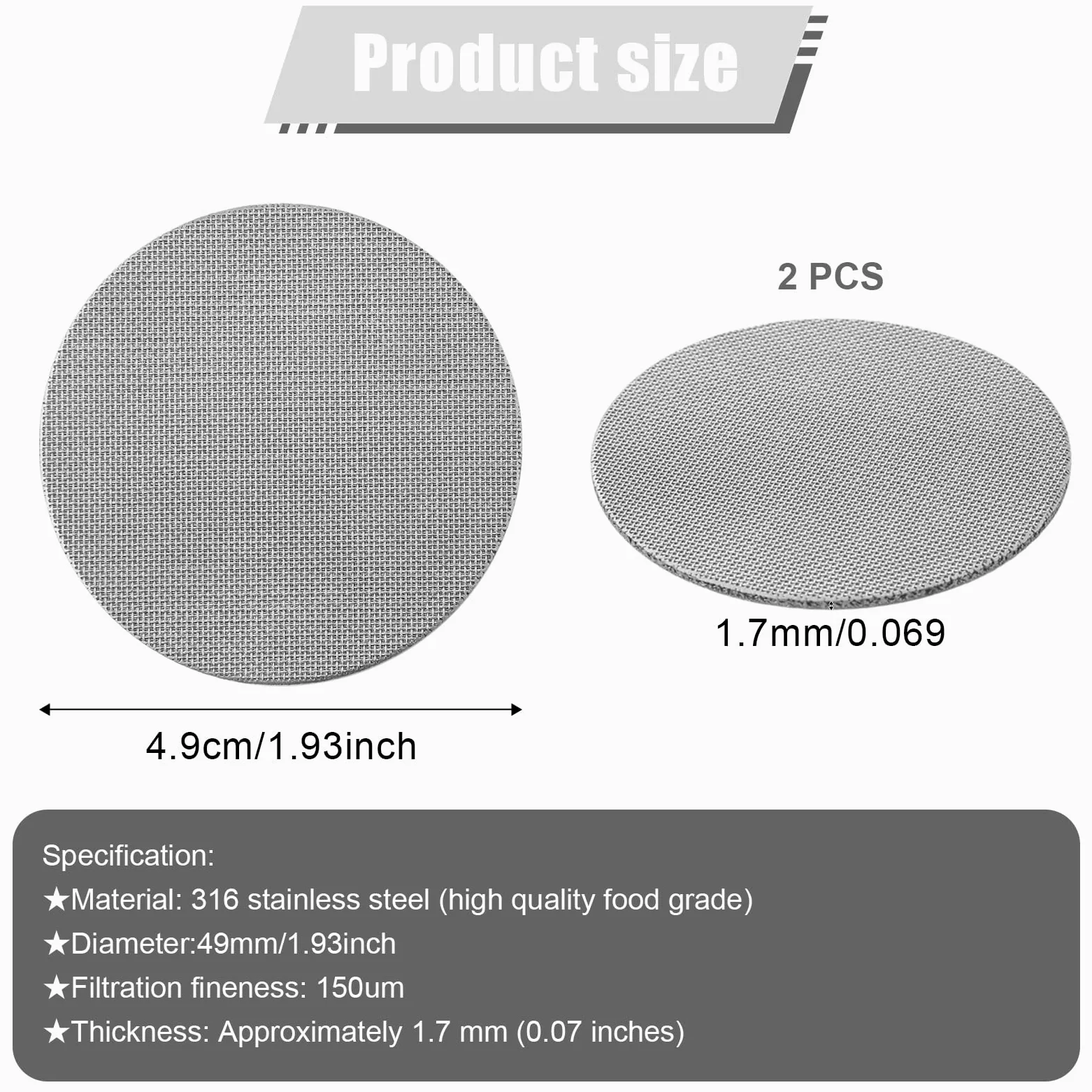 2 Szt. 49mm Filtr do Espresso, Stal Nierdzewna 316 Sitko do Espresso 150μm Wielokrotnego Uzytku Sitko do Kolby do Espresso Wytrzymaly Siatka Filtracyjna do Kawy do Espresso