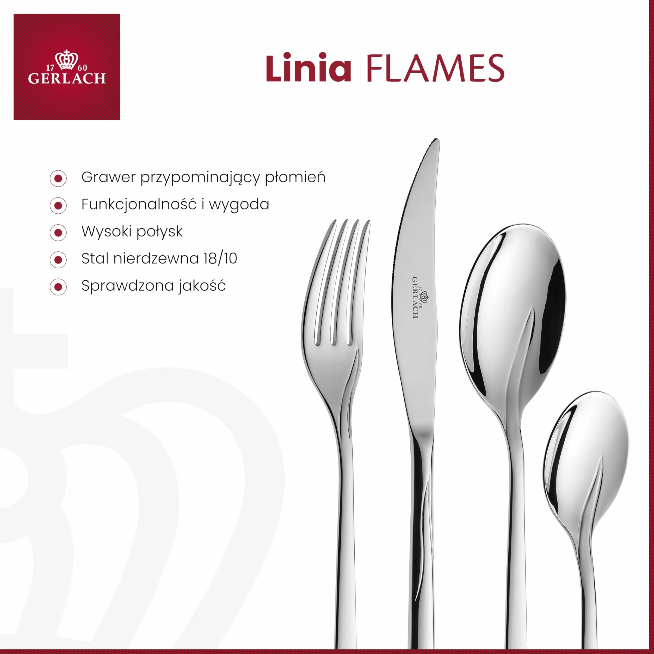 Gerlach FLAMES Zestaw Sztućców W Walizce Dla 12 Osób Ze Stali Szlachetnej Nierdzewnej Komplet Łyżka Widelec Nóż Obiadowy Łyżeczka Do Mycia W Zmywarce Połysk 52 x 42 x 10 cm 68 Elementów
