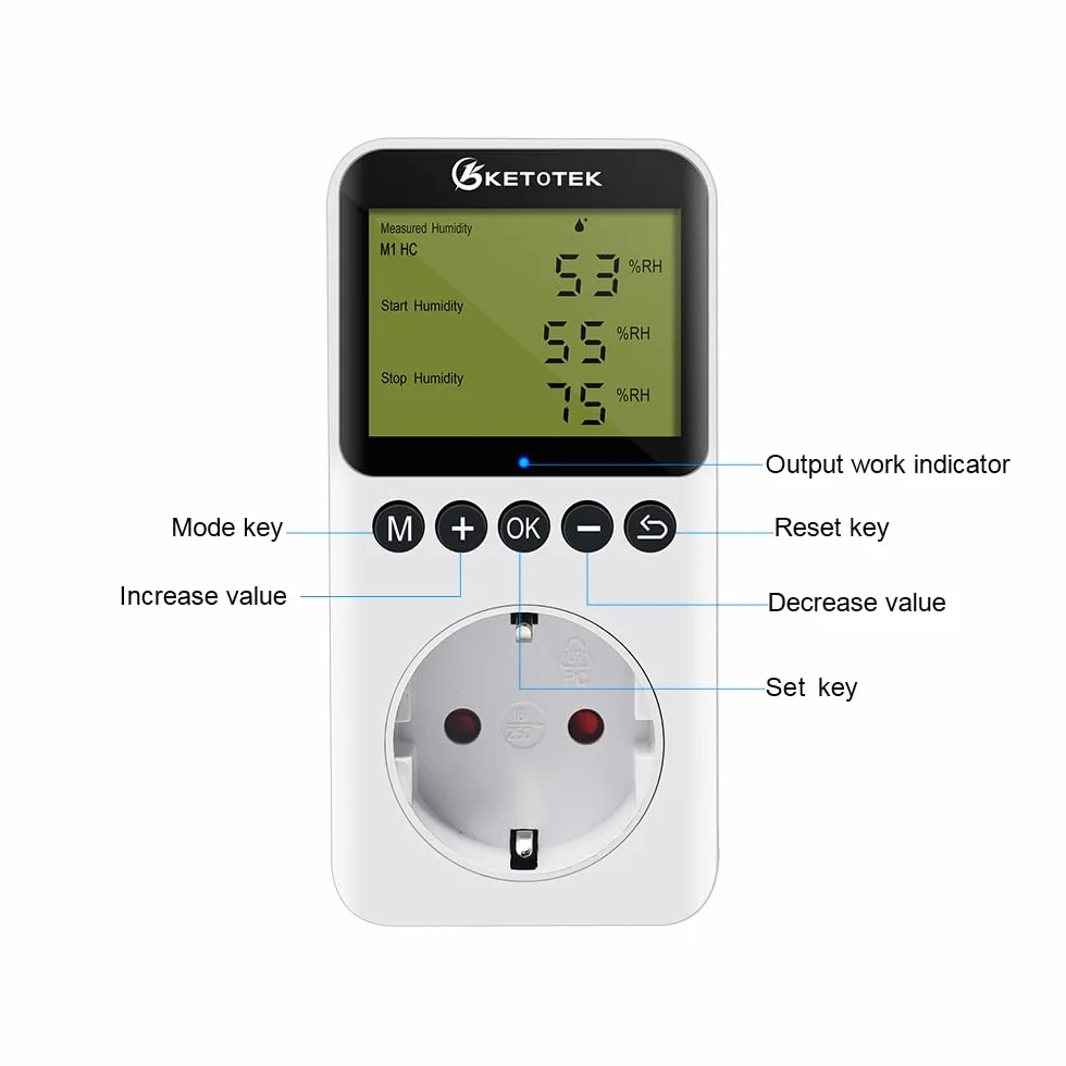 KETOTEK Higrostat, regulator wilgotności z czujnikiem 230 V, cyfrowy regulator wilgotności, gniazdko elektryczne przełącznik do szklarni, terrarium, osuszacza powietrza, nawilżacz powietrza