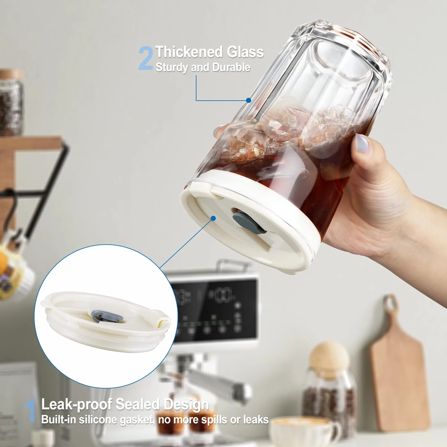 ecooe 430 ml żebrowane szklane kubki z pokrywką i słomką, 2 sztuki, szklane kubki do smoothie, mrożonej kawy, hermetyczne, wodoodporne szklanki do kawy, szklanki do picia soku matcha latte, mleka