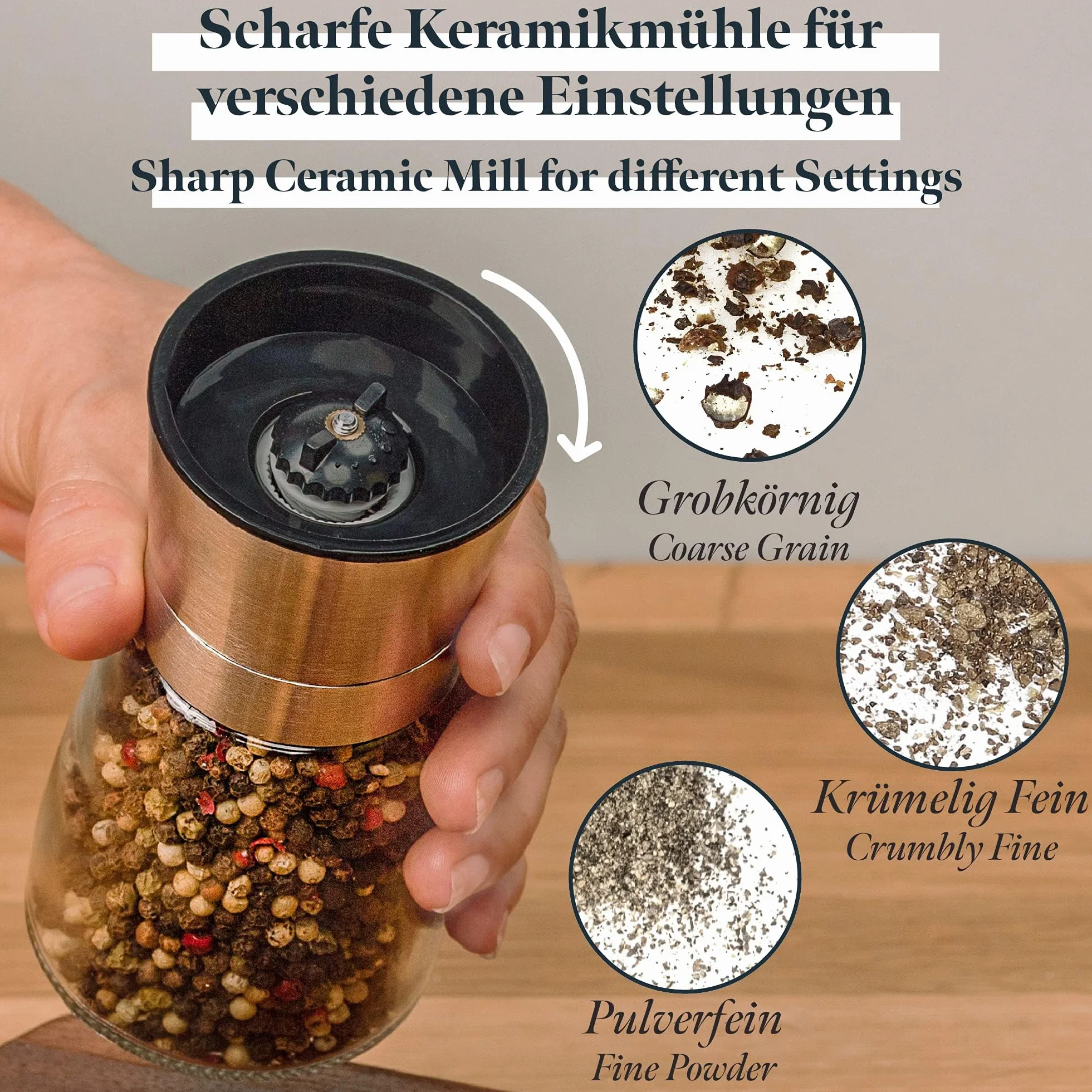 Zestaw 2 młynków do przypraw z regulowanym ceramicznym mechanizmem mielącym – szlachetne młynki do soli i pieprzu z wysokiej jakości stali nierdzewnej – do różnych przypraw