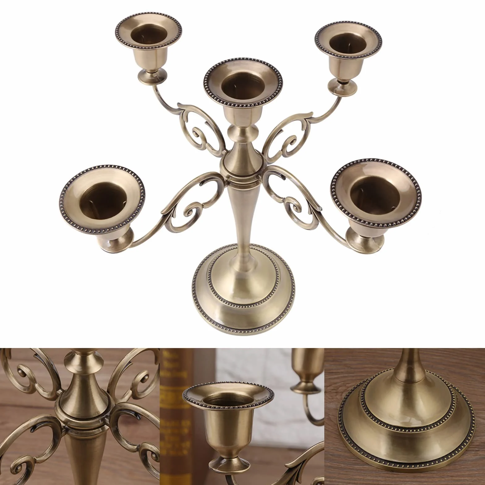 Wakects świecznik 5 ramion metalowy świecznik styl europejski świecznik dekoracyjny styl vintage na kolację świeca, ślub, imprezy, Boże Narodzenie 27 x 26 cm(Brąz)