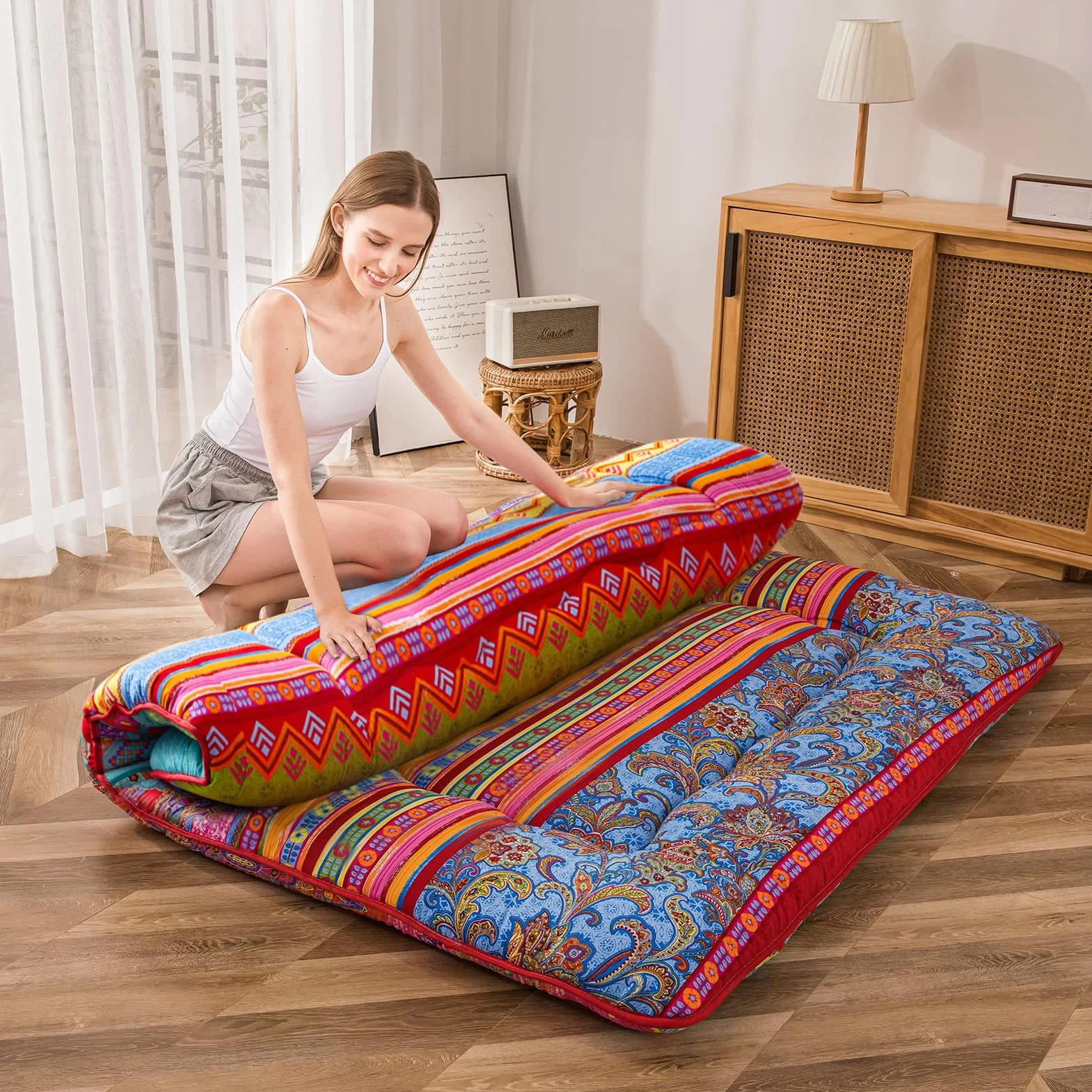 MAXYOYO Bohema retro materac podłogowy vintage kwiatowy japoński futon materac zwijany pogrubiony łóżko do spania przenośny materac kempingowy leżak podłogowy kanapa łóżko materac podkładka (boho C