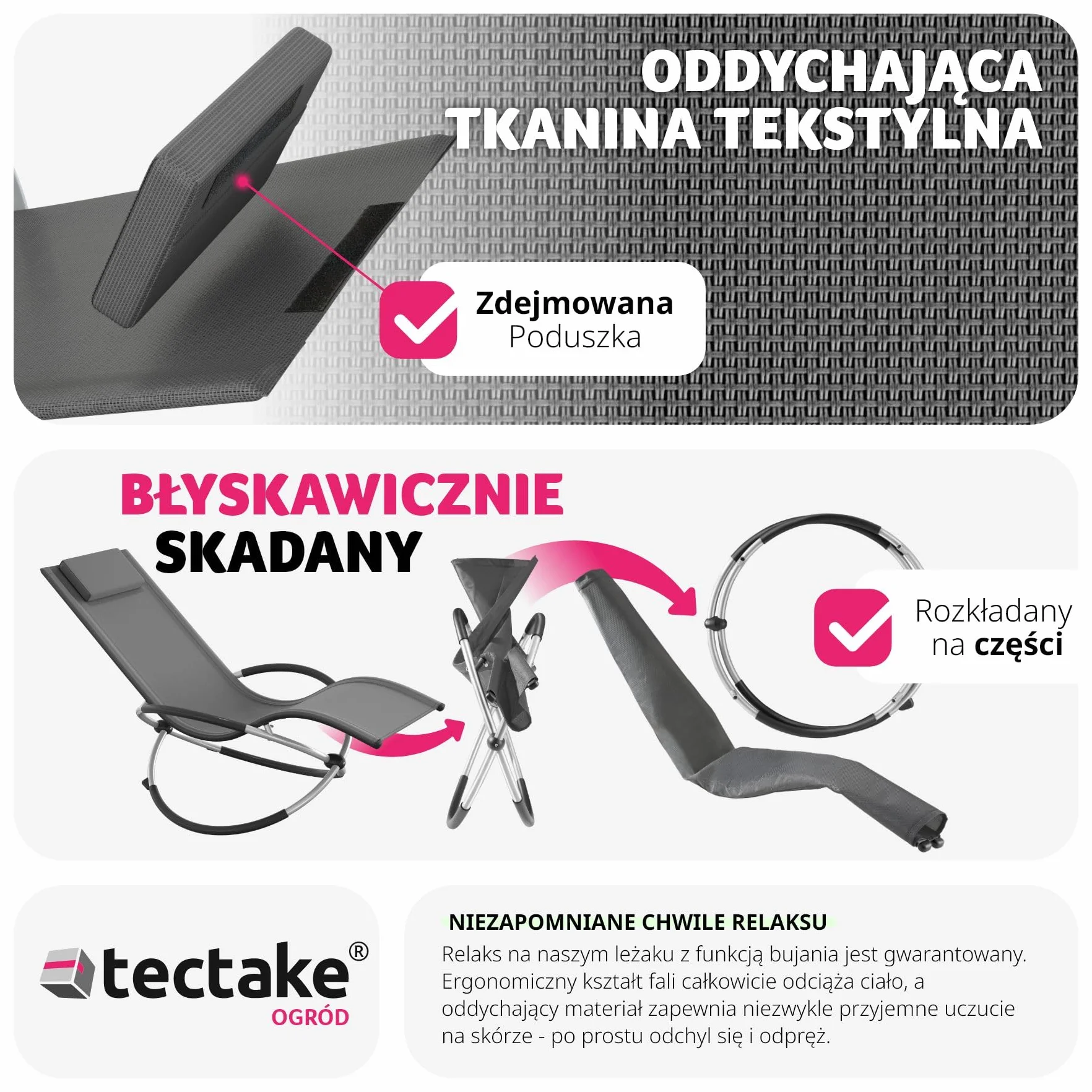 tectake® Ogrodowy Fotel Bujany, Ergonomiczny Składany Leżak z Oddychającym Materiałem Textilene i Zdejmowaną Poduszką, Solidna Stalowa Rama, Ochrona przed Wywróceniem (Szary)