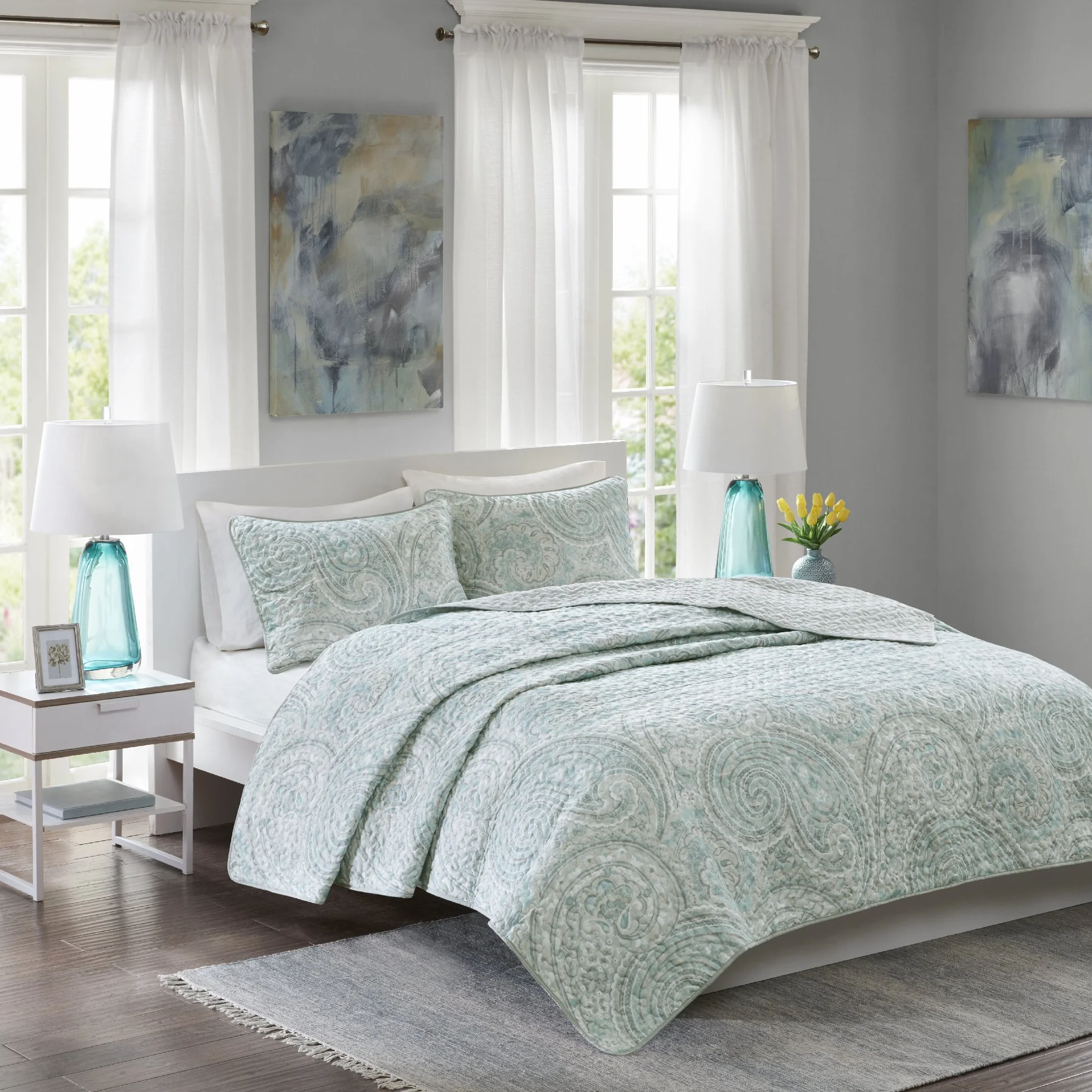 Comfort Spaces Zestaw kołder - modna letnia poszewka Paisley, przytulna narzuta, lekka całoroczna warstwa pościeli na zimę, pasujące szamy, King/Cal King, Kashmir Paisley Blue