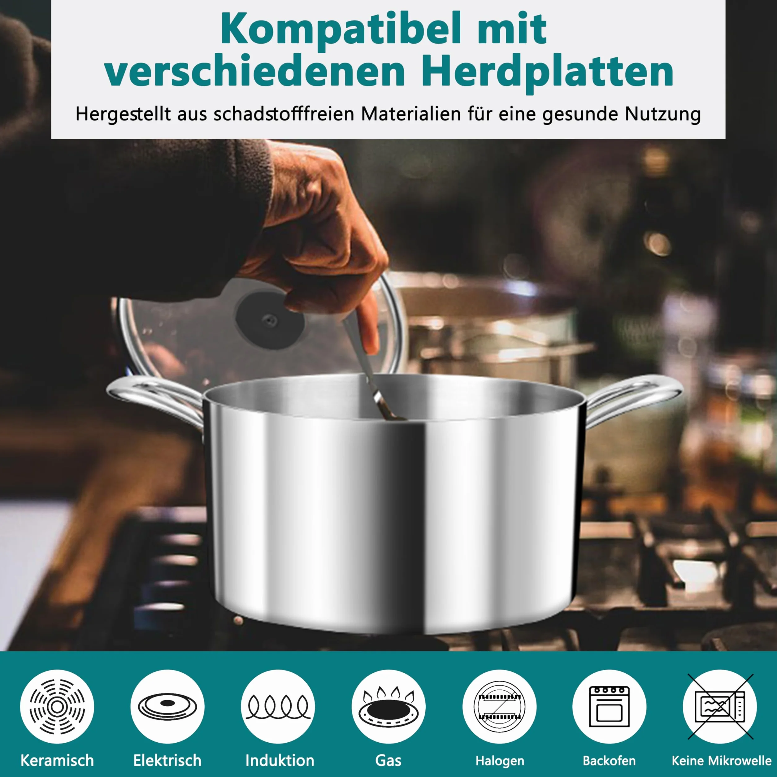 TEAMFAR Garnek do gotowania, 20 cm, indukcyjny z 3-warstwowej stali nierdzewnej, 3,3 l, garnek do makaronu garnek do mięsa ze szklaną pokrywką, do wszystkich rodzajów kuchenek, stal nierdzewna