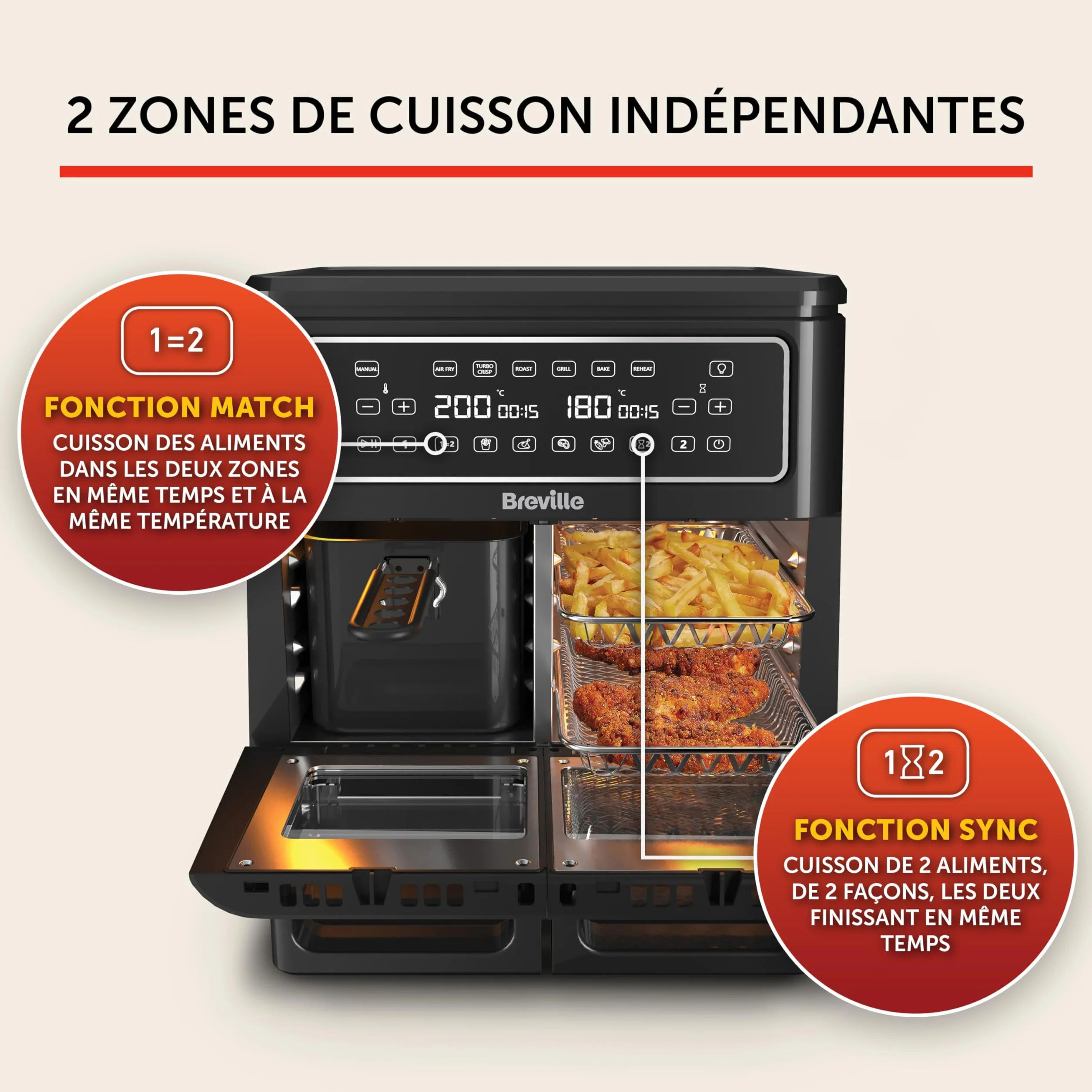 Breville Halo Flexi frytkownica na gorące powietrze, cyfrowa, dwukomorowa, 11 l, dla ponad 10 osób, smażenie, grillowanie, smażenie, podgrzewanie, 2400 W [VDF130X]