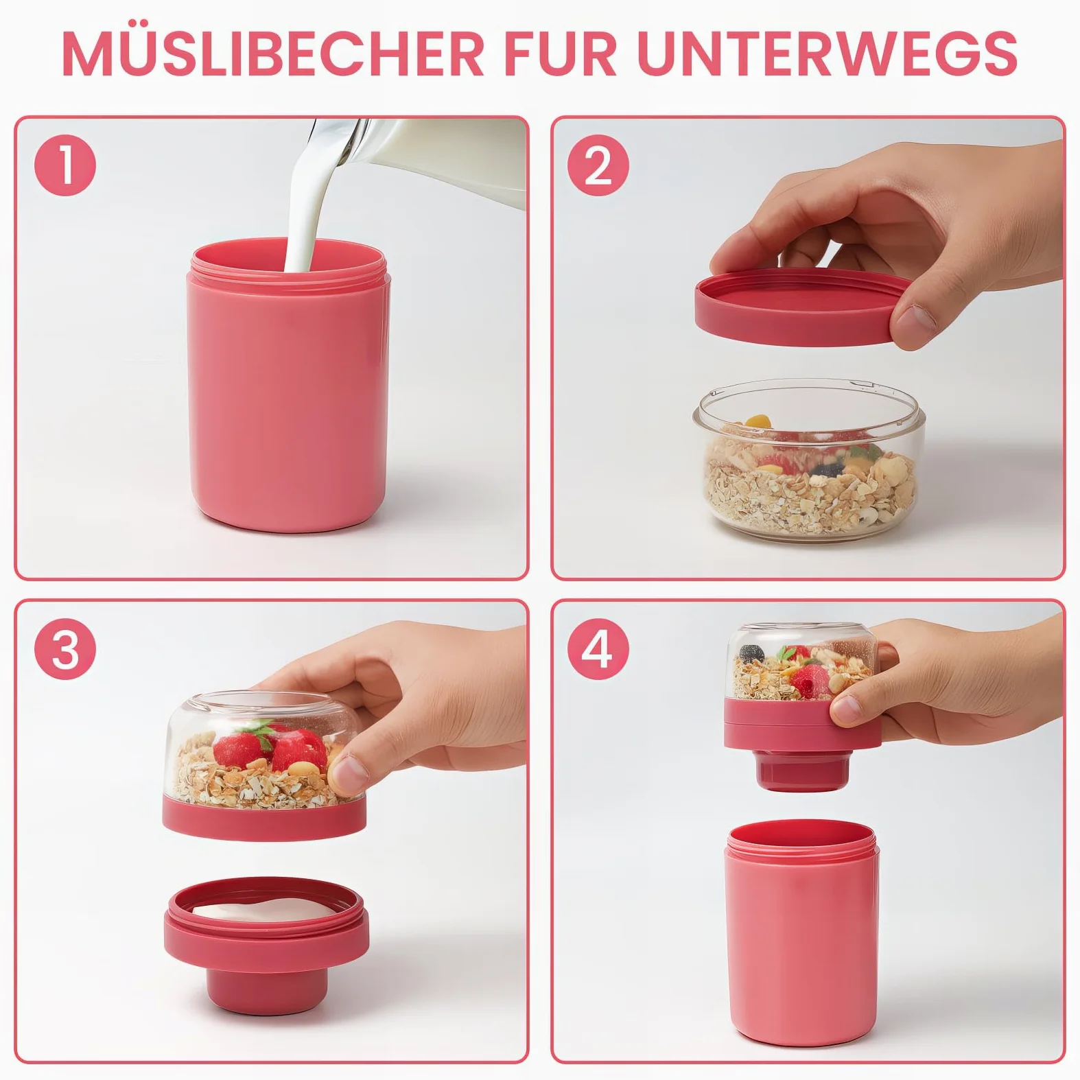Bugucat Kubek na musli to Go 520 ml + 250 ml, praktyczny kubek na jogurt z łyżeczką, szczelny, z pudełkiem na sosy, pudełko na musli, pudełko na lunch dla dzieci i dorosłych, różowy