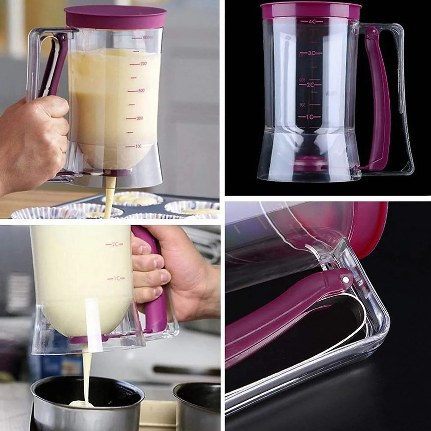 Dozownik do ciasta z pokrywką i skalą, do samodzielnego pieczenia ciasta, do ciast, naleśników, muffinek, 900 ml