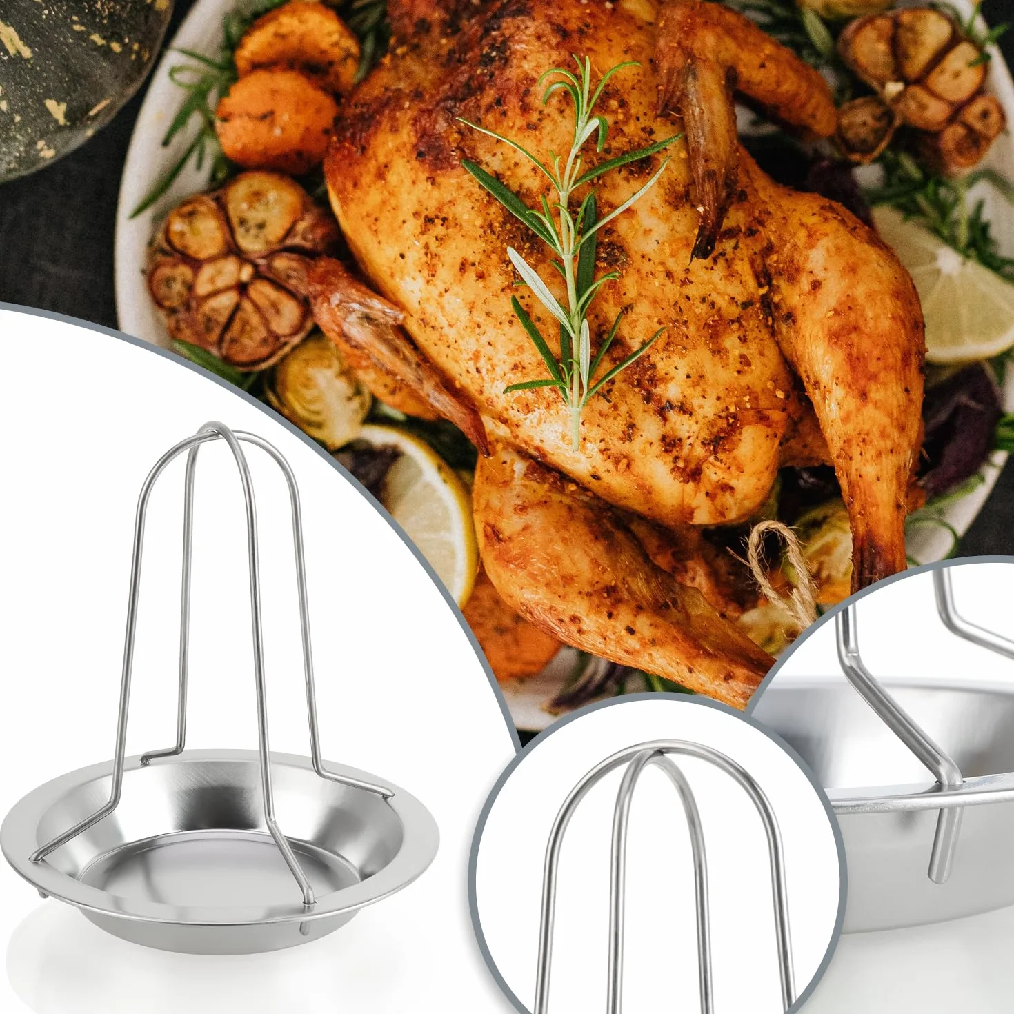 COM-FOUR® 2x grill do kurczaka - Urzadzenie do pieczenia kurczaka BBQ do grillowanych kurczaków - Uchwyt na drób do gotowania brojlerów - taca ociekowa do piekarnika (02 sztuki - grill z kurczakiem)