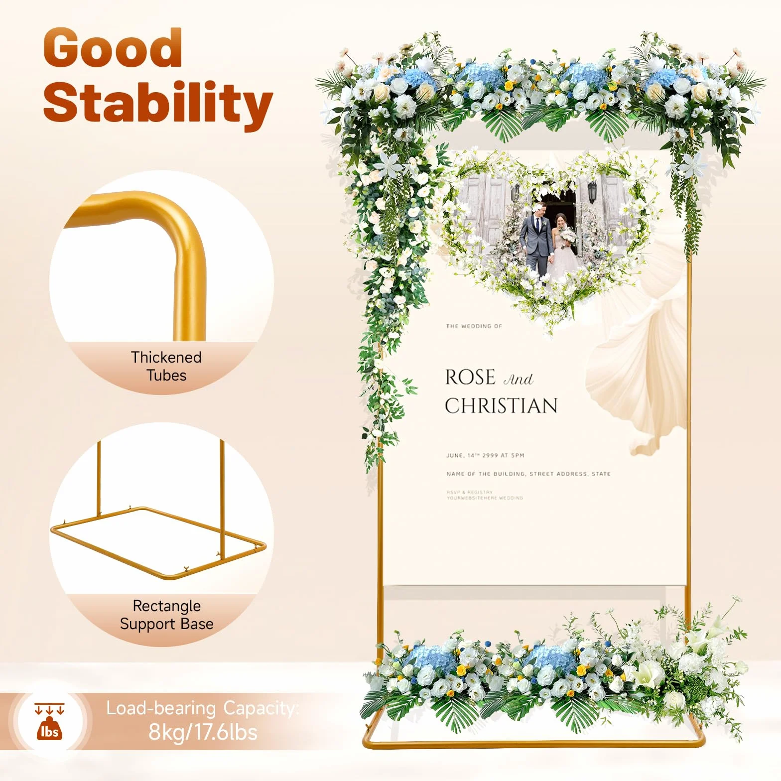 Metalowy prostokątny stelaż weselny, złoty, regulowany łuk weselny z żelaza, stabilny stelaż dekoracyjny, nośność do 8 kg, 105 × 67,5 × 200 cm, na wesele, do ogrodu, na imprezę, do dekoracji