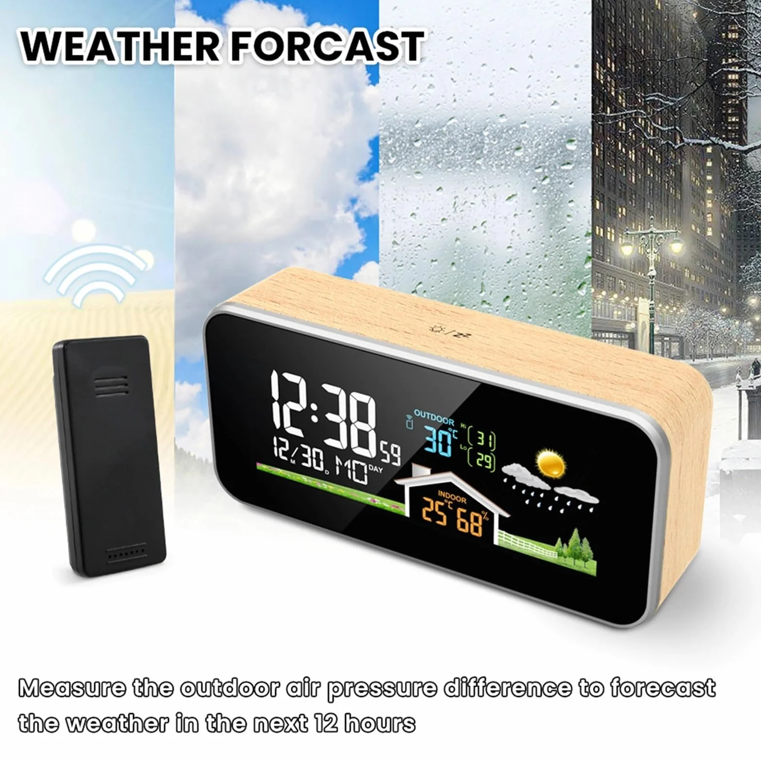 Stacje pogodowe, Bezprzewodowa stacja pogodowa Drewniany budzik Cyfrowy termometr Wilgotność Temperatura Bezprzewodowy czujnik Home TimeWatch Desktop #30(C)