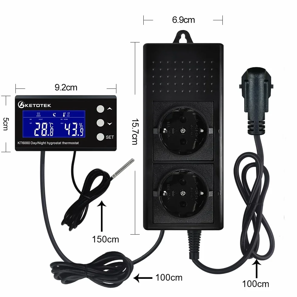 KETOTEK Termostat gniazdko z higrostatem cyfrowym z programatorem czasowym w dzień/noc, regulator temperatury, regulator wilgotności, gniazdko z czujnikiem 230 V, regulator temperatury i wilgotności