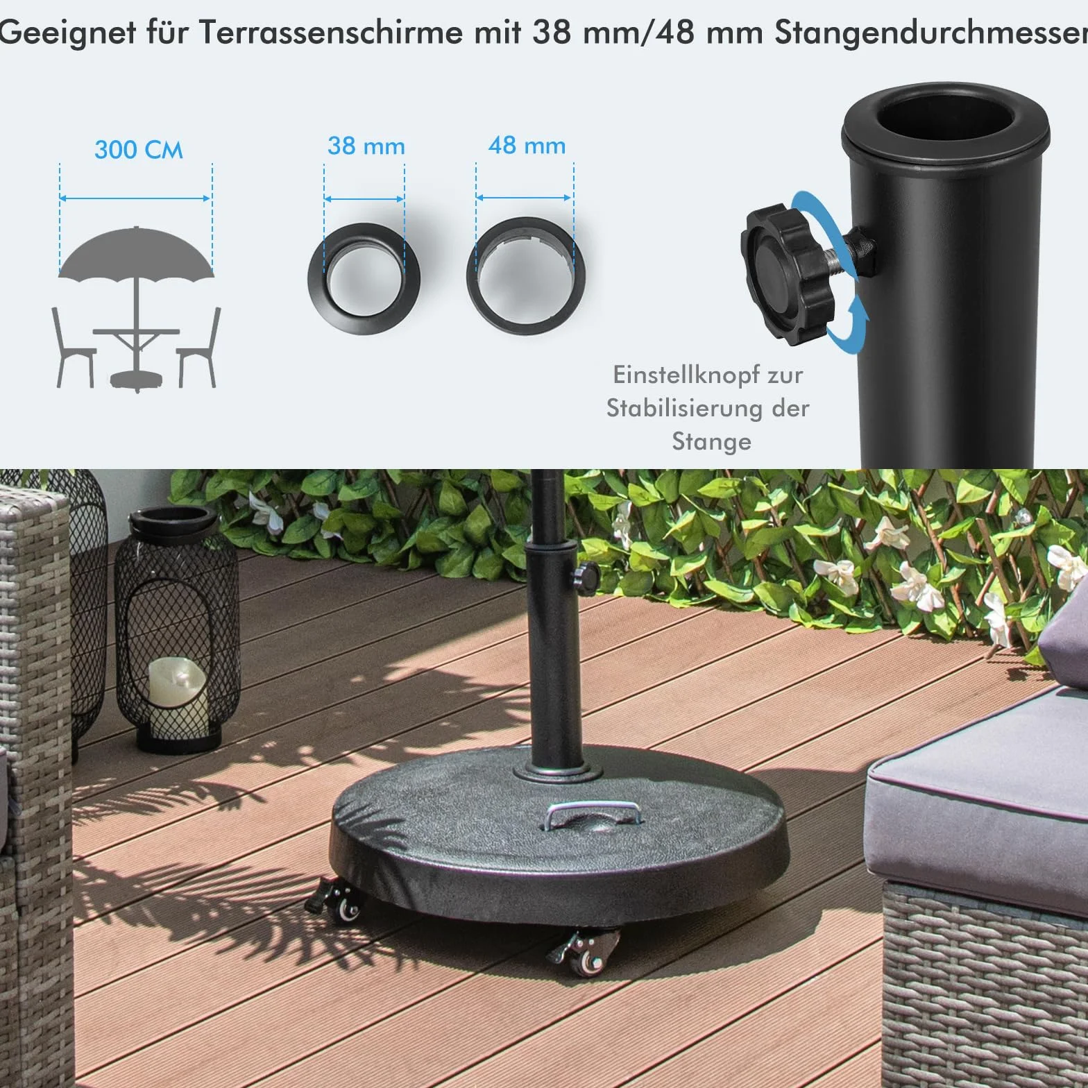 COSTWAY Stojak na parasole przeciwsłoneczne, 23 kg, z rolkami i uchwytami, stojak na parasole o średnicy 38/48 mm, Ø 52 cm, stojak na parasole do ogrodu, na balkon