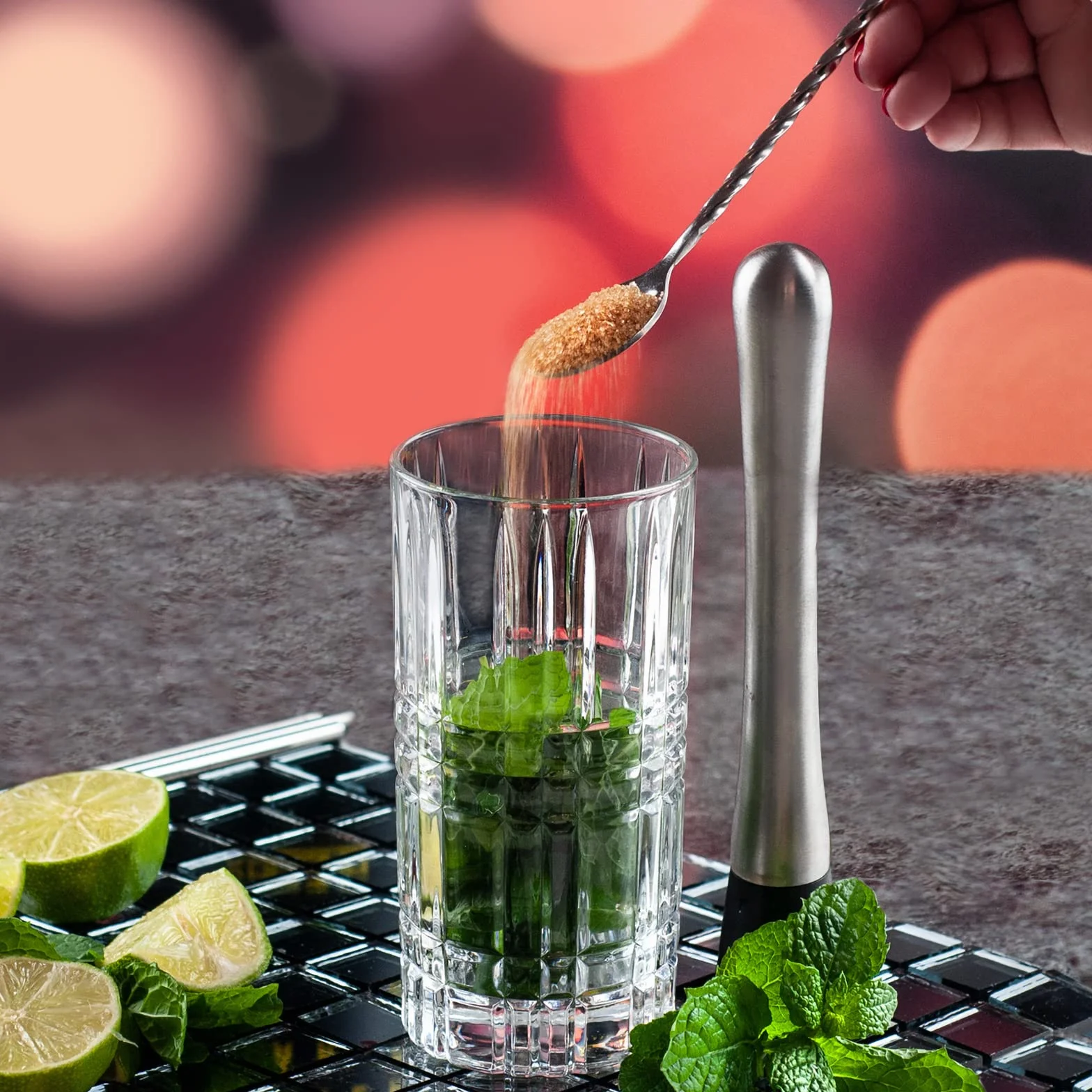 Zestaw łyżek barowych i koktajli, tłuczek ze stali nierdzewnej, z metalową łyżeczką, ubijak do Mojito i Caipirinha, podstawowy zestaw do przygotowywania napojów, barowy muddler & Spoon