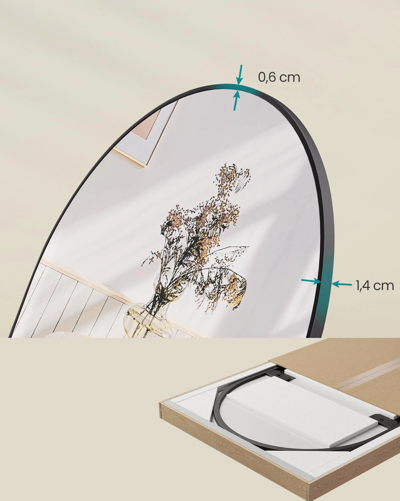 SONGMICS Lustro pełnej długości 160 x 50 cm Zakrzywione lustro stojące Rama aluminiowa Szkło hartowane do sypialni Salon Szafa Atrament Czarny LFM031B01