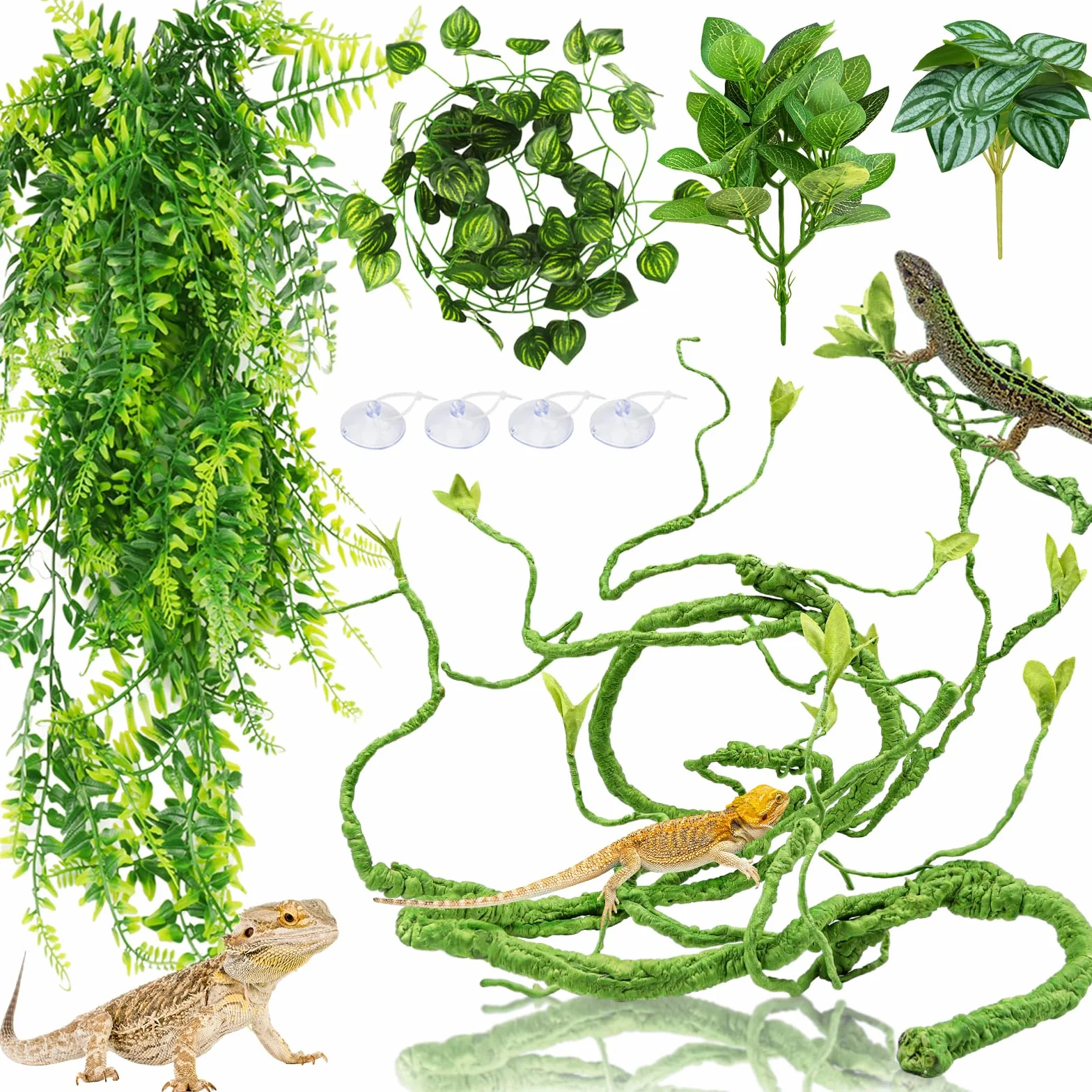QUOZUO Brodaty smok Zbiornik Akcesoria do Zbiornika Dla Siedlisk, Wiszące Rośliny Terrarium Sztuczne Liście Gekon Lampart Akcesoria Zbiornik