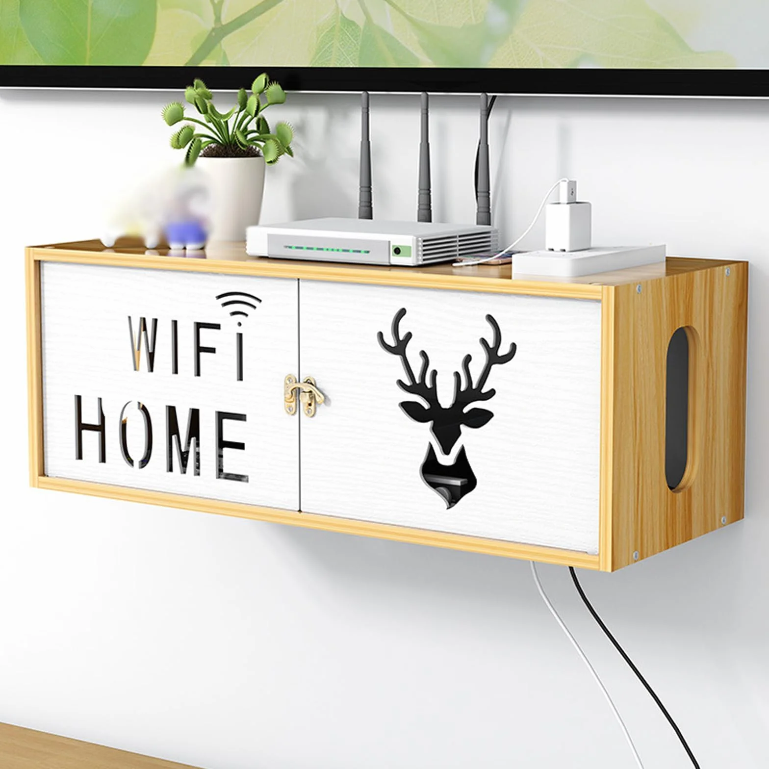 Catekro Router Regał, Półka na Dekoder, Drewniana Skrzynka do Przechowywania Routera WiFi na Ścianę (309-brązowy)