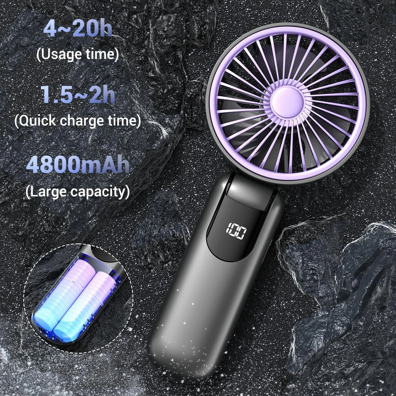 Wentylator ręczny,Przenośny mini wentylator ręczny,4800mAh Ładowanie USB,5 Regulowalnych Prędkości z Odłączna Podstawa ze Smyczą, Ochłodzenie Wiatraka Do Ręki dla Domu/Biura/Na Zewnątrz