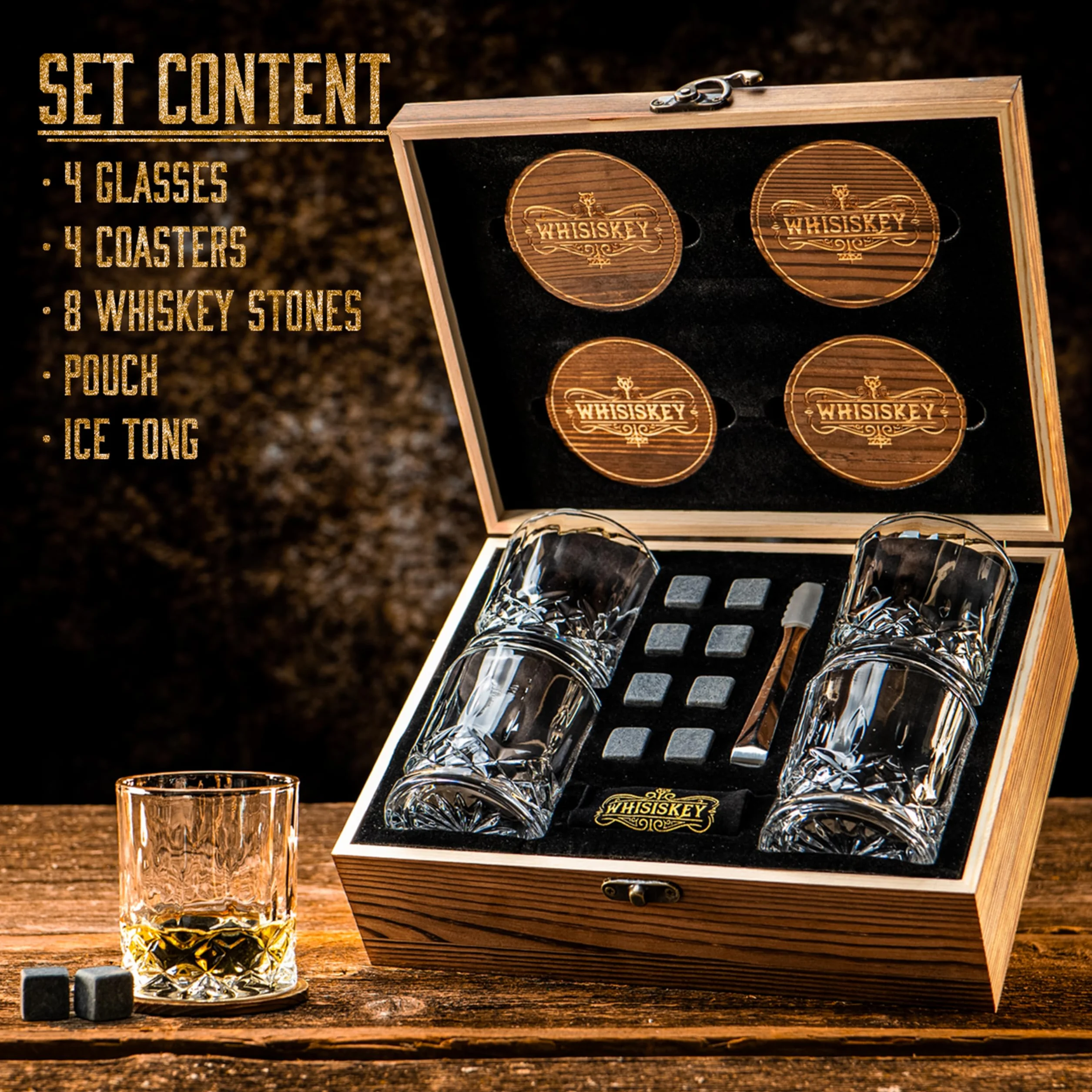 WHISISKEY Zestaw Szklanki do Whisky - Zestaw Prezentowy Whisky - Szklanek do Whiskey - Prezenty dla Mężczyzn - Pudełko Prezentowe, 4 Szklanki na Whisky 310ML, 8 Kamienie do Whisky, Akcesoria