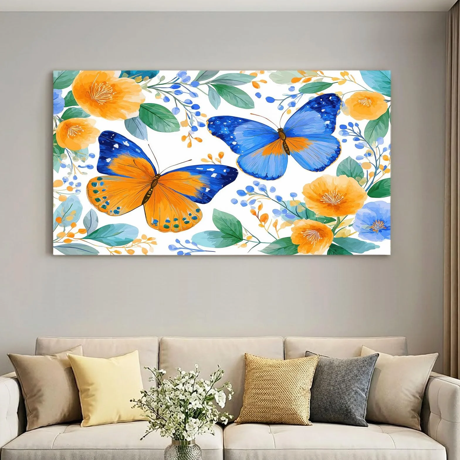 Obraz ścienny w stylu duszpasterskim, obraz na płótnie - ściana na płótnie 120 x 60 cm, nadruk na płótnie z kwiatami, rośliną, motylem, oprawiona sztuka ścienna do salonu i sypialni, dekoracja ścienna