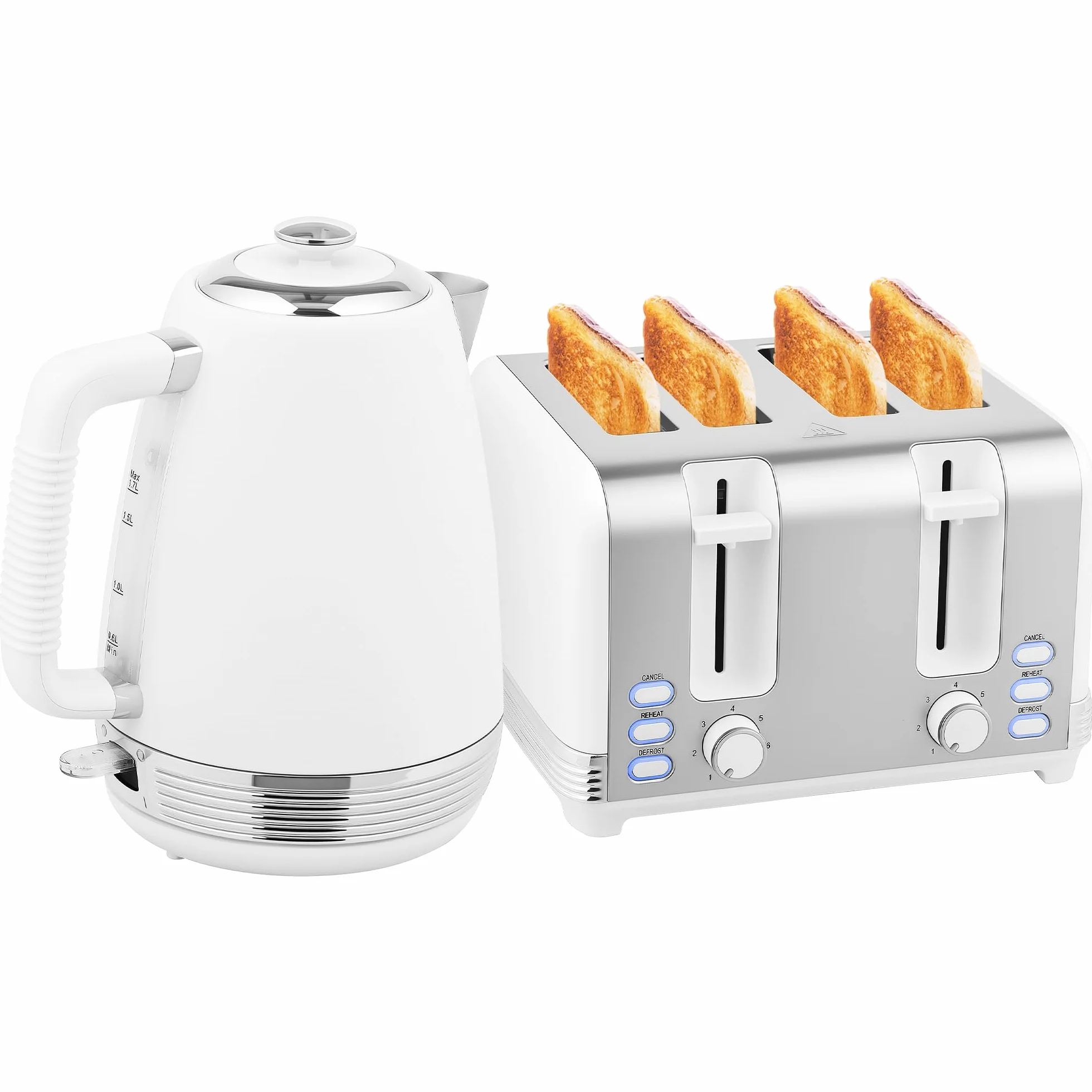 HOMCOM Zestaw czajników i tosterów ze stali nierdzewnej 2200 W i 1,7 l, toster z 4 kromkami, 7 poziomów brązowienia, szybkie nagrzewanie, termostat Strix, filtr zapobiegający osadzaniu się kamienia i