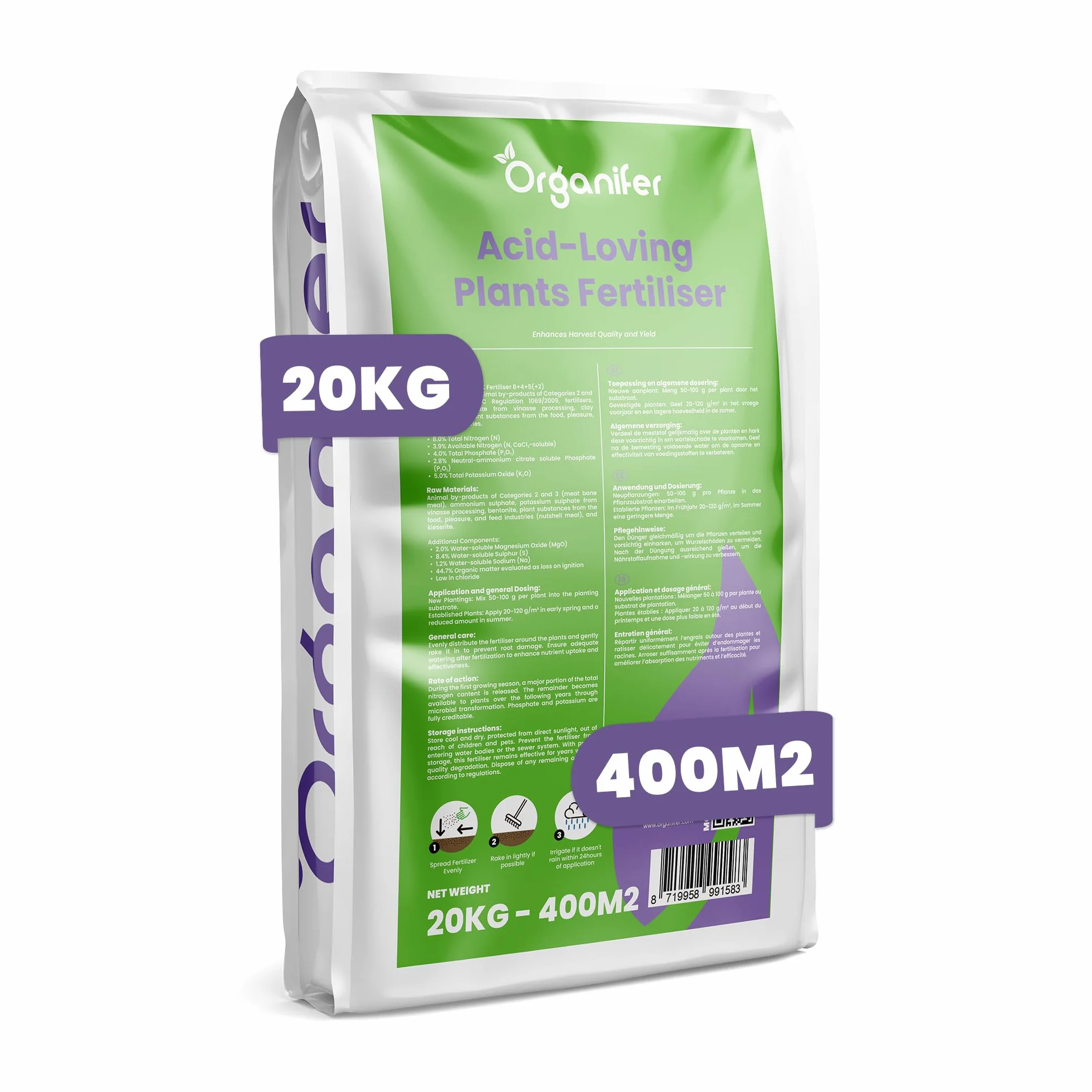 Nawóz do rododendronów, hortensji, azalii i roślin kwaśnolubnych - 20 kg na 400 m2 - dla zdrowych korzeni i pięknych kolorów – zbilansowane i zrównoważone odżywianie – Organifer