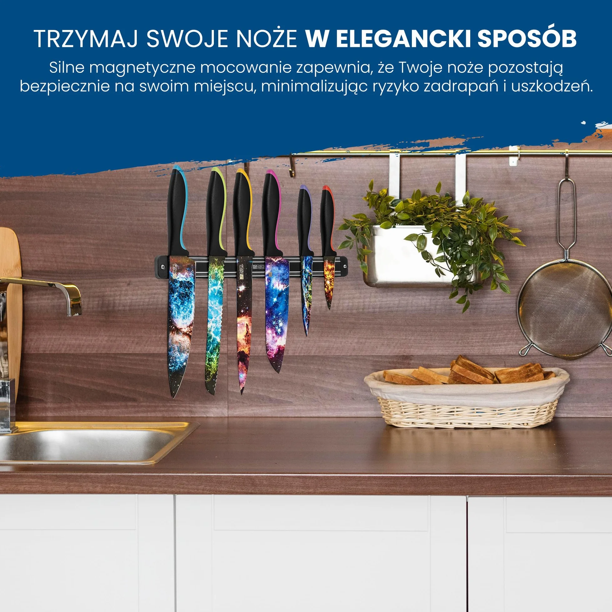 Czarny magnetyczny uchwyt ścienny na noże kuchenne (33,5 cm) - BEHOLD od Chef's Vision - Magnetyczny wieszak na noże kuchenne - Stylowy stojak na noże kuchenne - Idealny do kolorowych noży