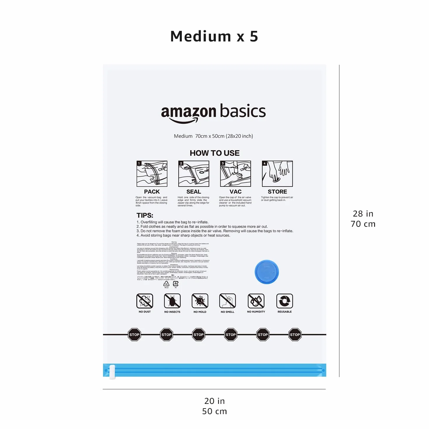Amazon Basics Worki próżniowe do ubrań z hermetycznym zaworem i pompką ręczną – średnie, 5 sztuk, zamek błyskawiczny, przezroczyste