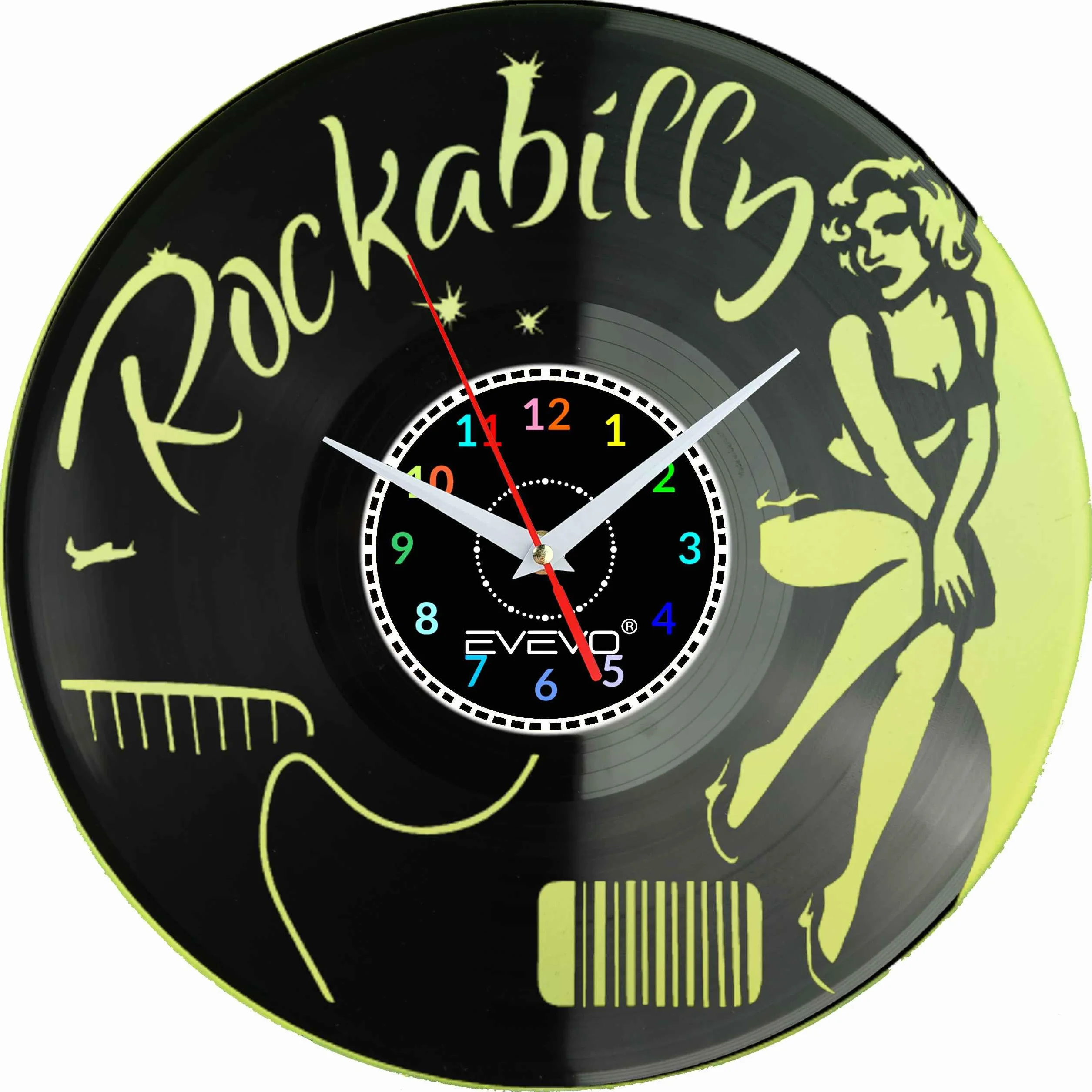 ZEGAR ŚCIENNY ROCKABILLY ROCK 'n' ROLL FLUORESCENCYJNE TŁO PŁYTA WINYLOWA PREZENT UPOMINEK URODZINY EVEVO F0017