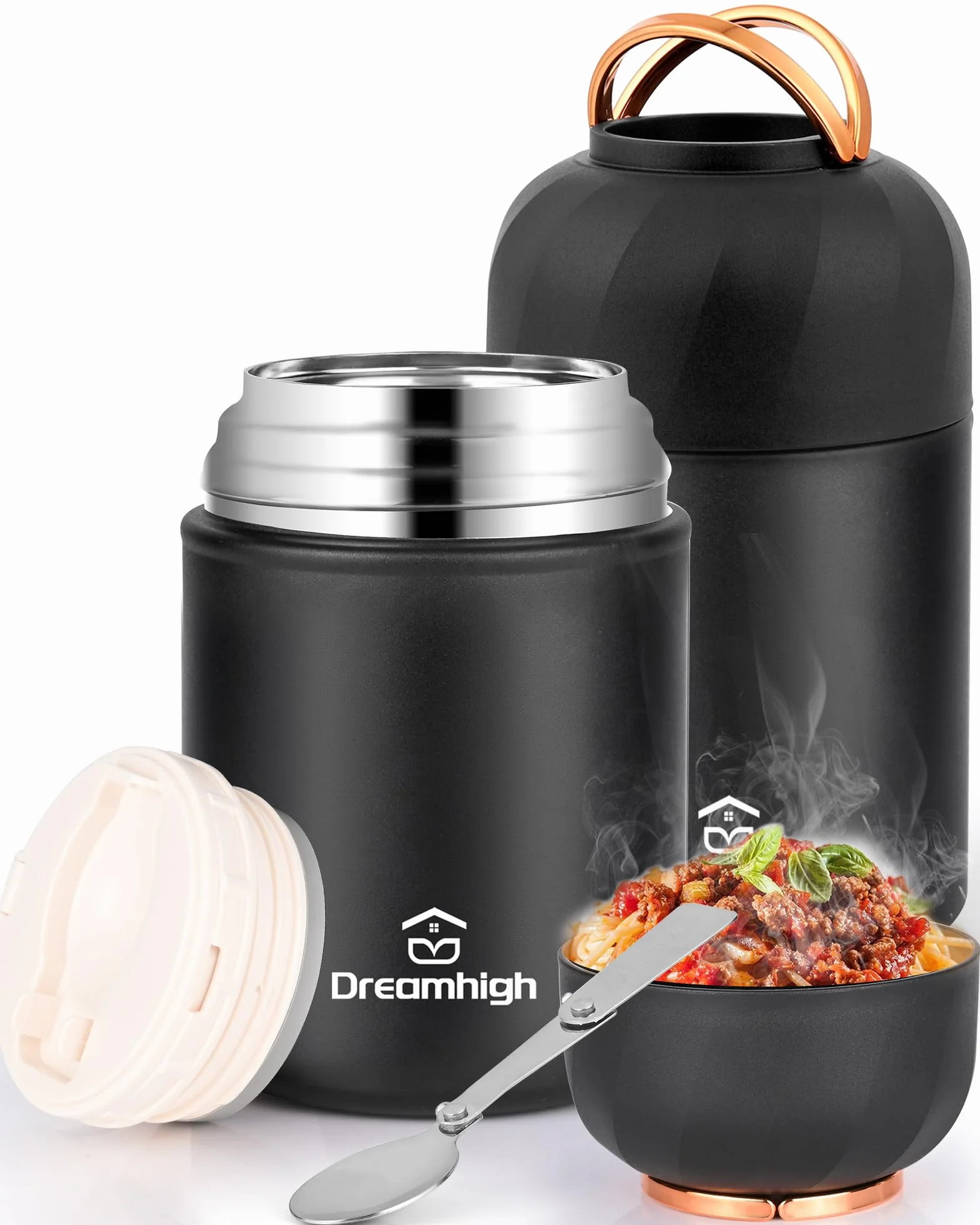 Dreamhigh® Pojemnik termiczny na żywność, 850 ml, ze stali nierdzewnej, z uchwytem, termos do jedzenia, szczelny, w zestawie łyżka, 12 godzin gorąca, zimno przez 12 godzin (czarny)