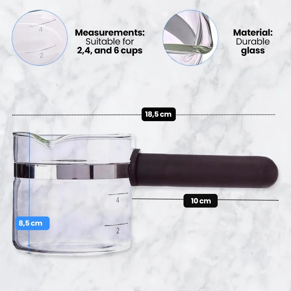 Anakel Home Wymienny uniwersalny dzbanek do kawy z długim plastikowym uchwytem Dzbanek do kawy o wysokości 8,5 cm i średnicy 8,6 cm na 4–6 filiżanek Czarne szkło i plastik