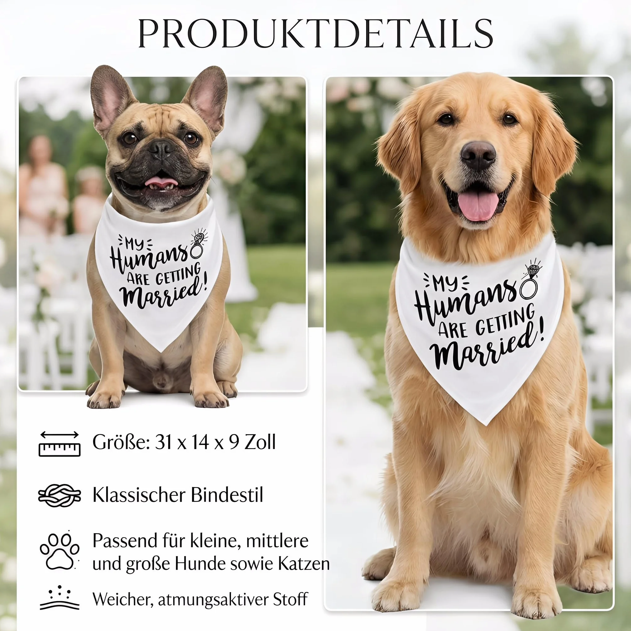 Bandana dla psów, na wesele, biała – "My Humans Are Getting Married" chusta na szyję dla małych, średnich i dużych psów, regulowana, oddychająca, dodatek ślubny i sesji zdjęciowej