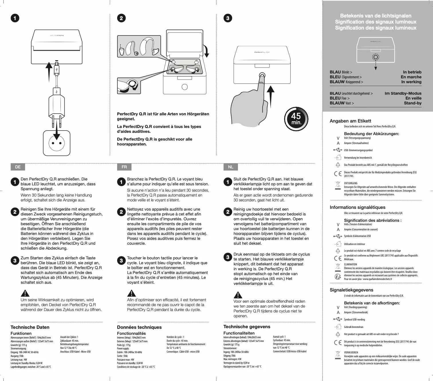 Audinell PerfectDry Q.R. elektroniczna suszarka do aparatów słuchowych, szybkie 45 minut, z wentylatorem, osuszaczem i suszarką do aparatów słuchowych, eliminuje pot i