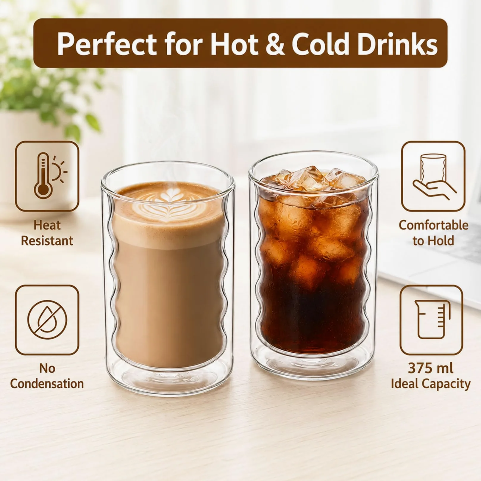 Zestaw 2 szklanek do latte macchiato 375 ml, podwójne ścianki – izolowane szklanki do kawy ze szczotką, duże szklanki termiczne do kawy, herbaty i cappuccino