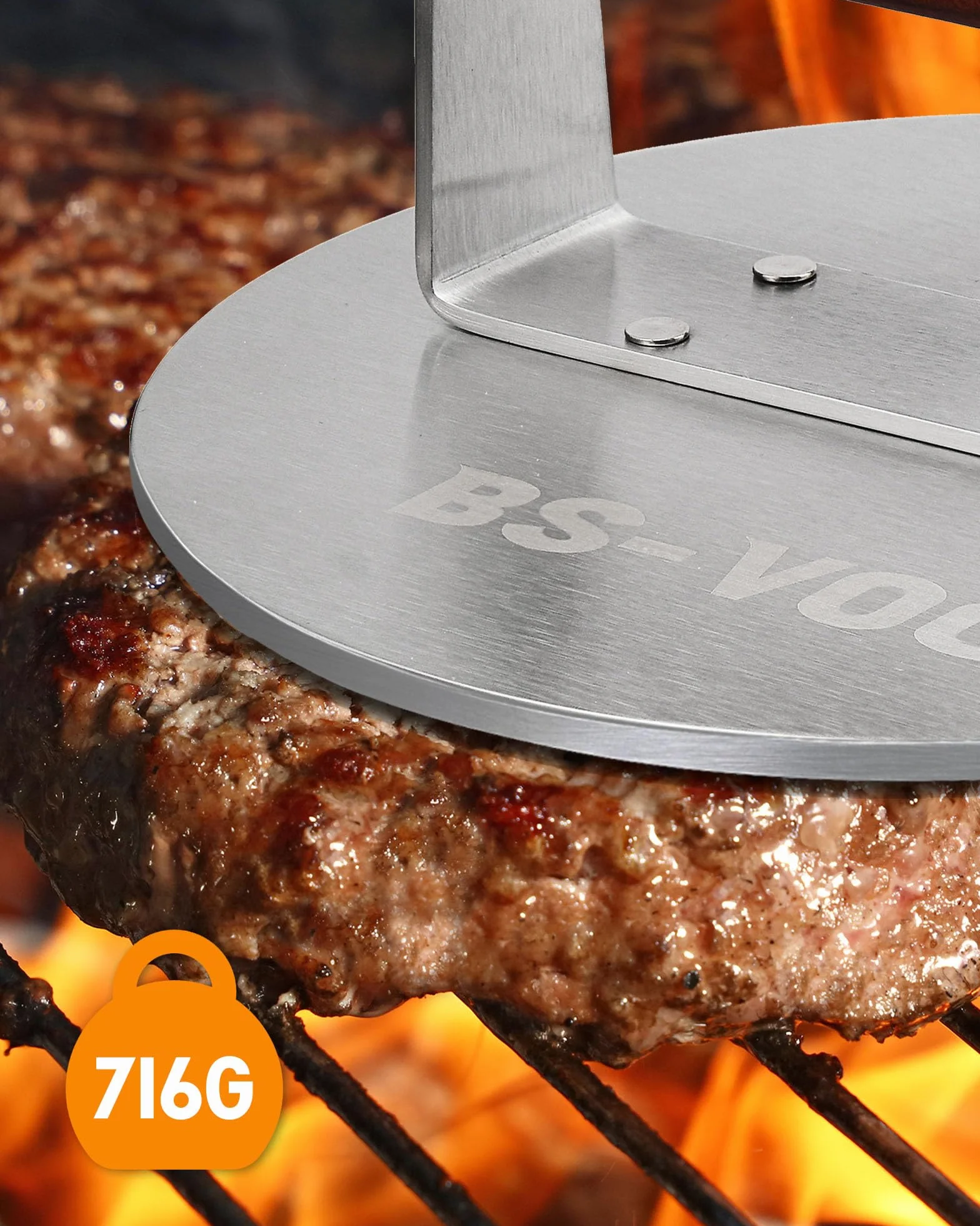 BS-VOG Prasa do burgerów smash 21,6 cm, ciężka waga 1,15 kg, z drewnianym uchwytem, ze stali nierdzewnej, do mięsa, kotletów, steków, bekonu, kiełbas, profesjonalne narzędzie akcesoriów do grilla