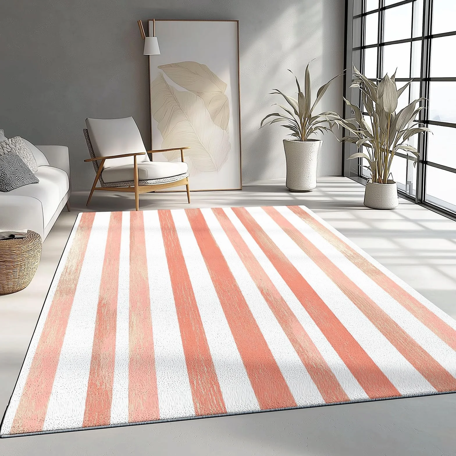 Nowoczesny różowy dywan 140 x 200 cm krótkie runo, zmywalny, antypoślizgowy poziomy wzór w paski, do salonu, jadalni, sypialni, wystrój domu