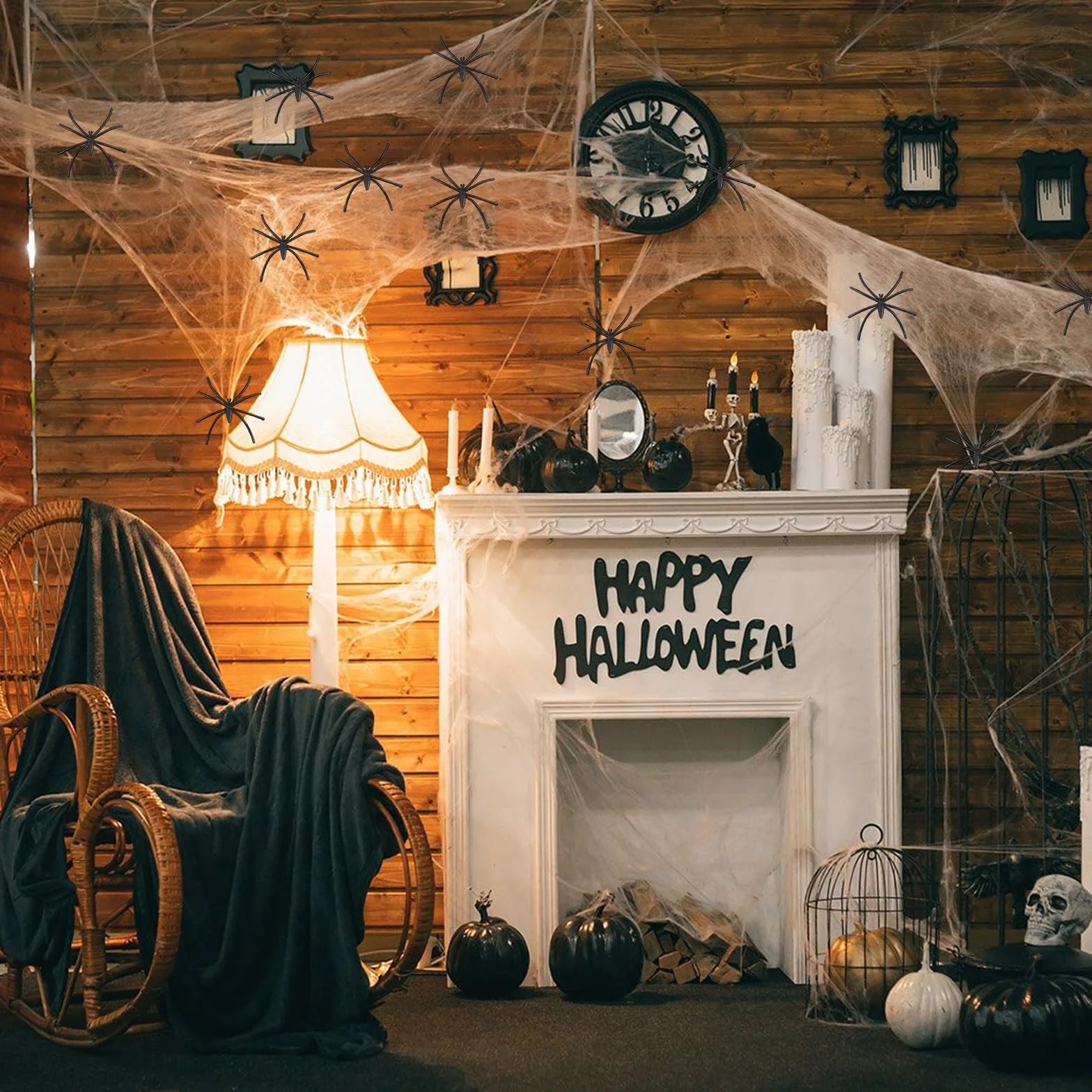 SSKHE Pajęczyna Halloween, 240 g rozszerzalne pajęczyny z 60 realistycznymi fałszywymi pająkami, dekoracja na Halloween, do wewnątrz na zewnątrz ogrodów garażu imprezy nawiedzony dom
