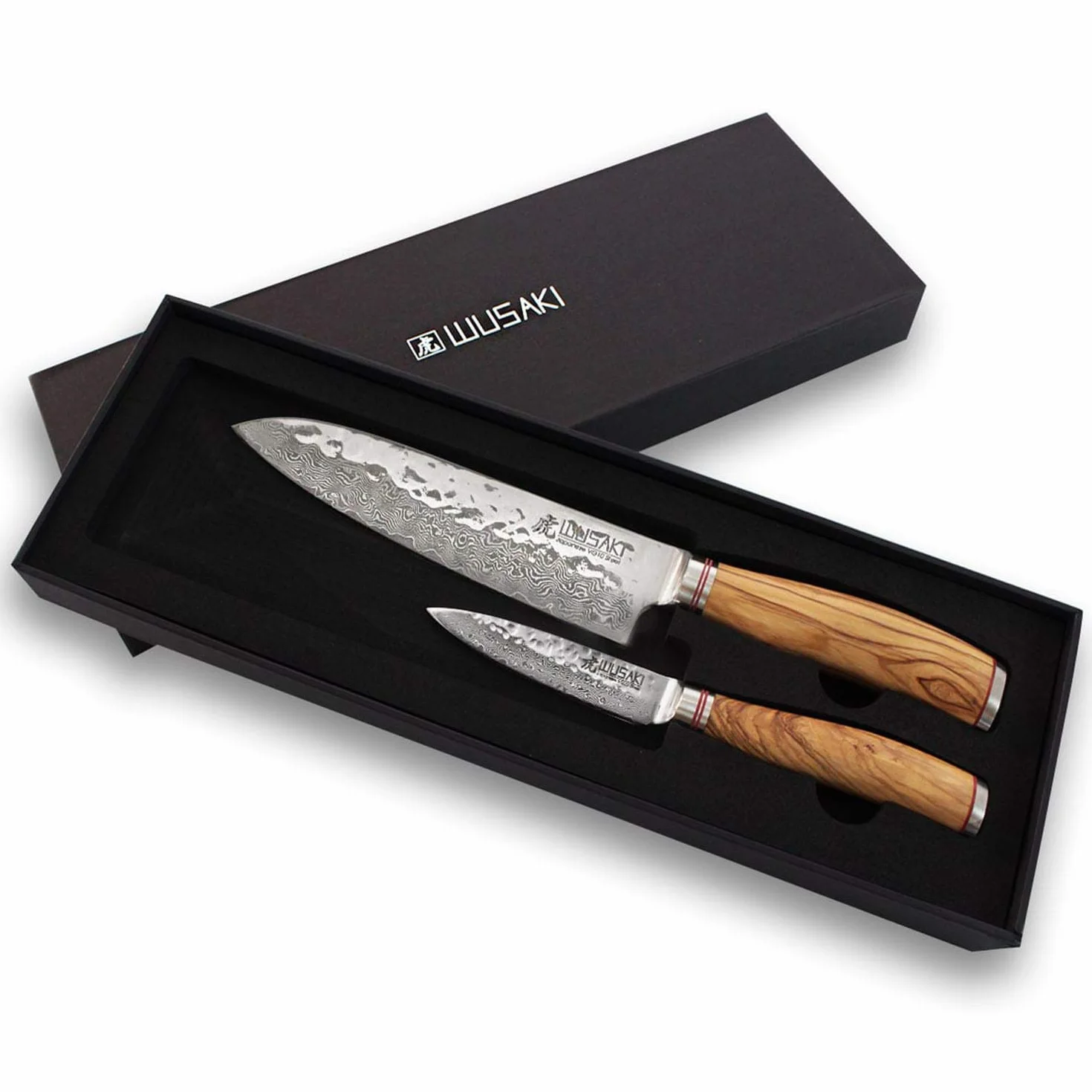 Wusaki Damasceński VG10 Zestaw 2 noży kuchennych: santoku + nóż biurowy - Ostrza adamaszku i rękawy z drewna oliwkowego