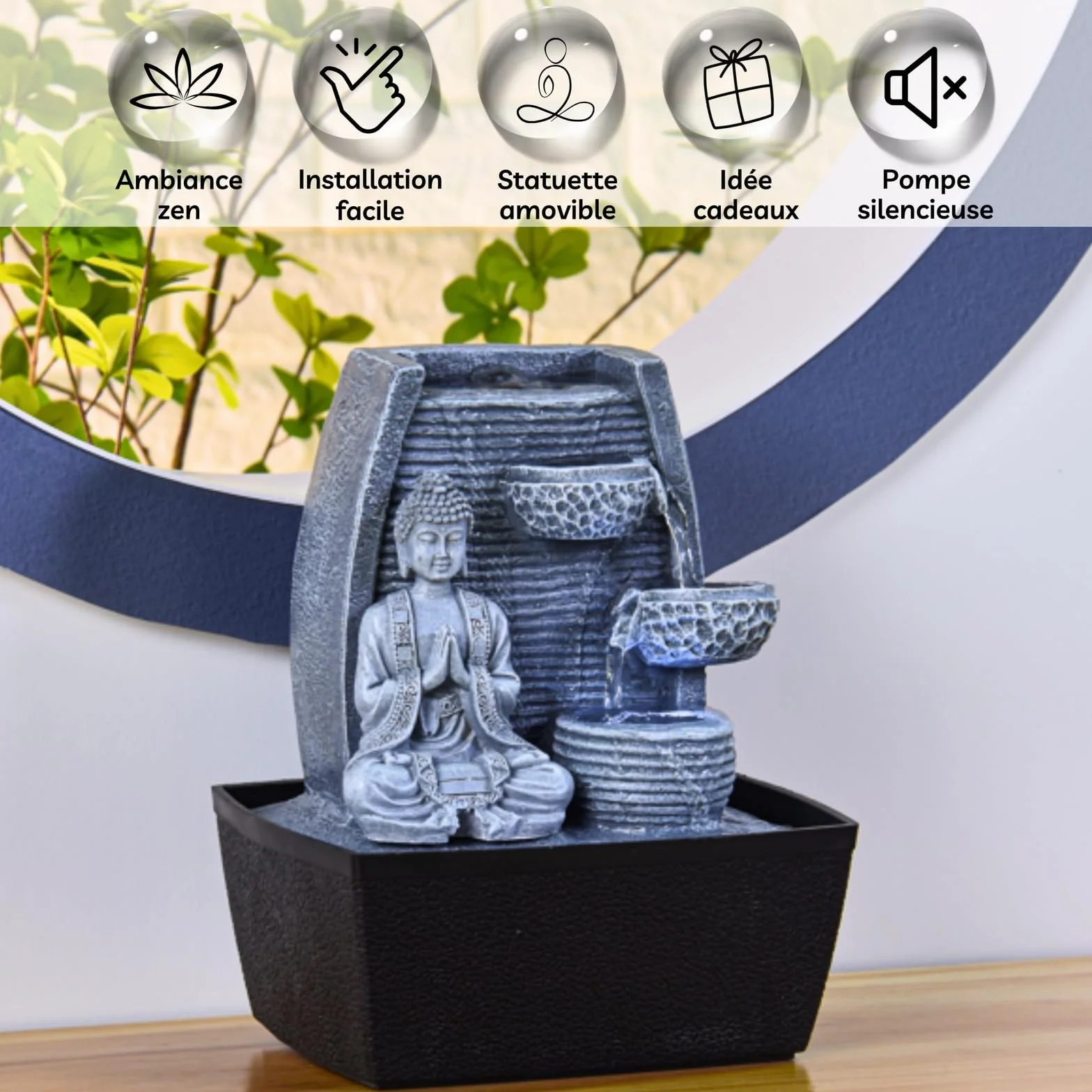 Fontanna pokojowa Feng Shui mądrość oświetlenie LED 24 cm