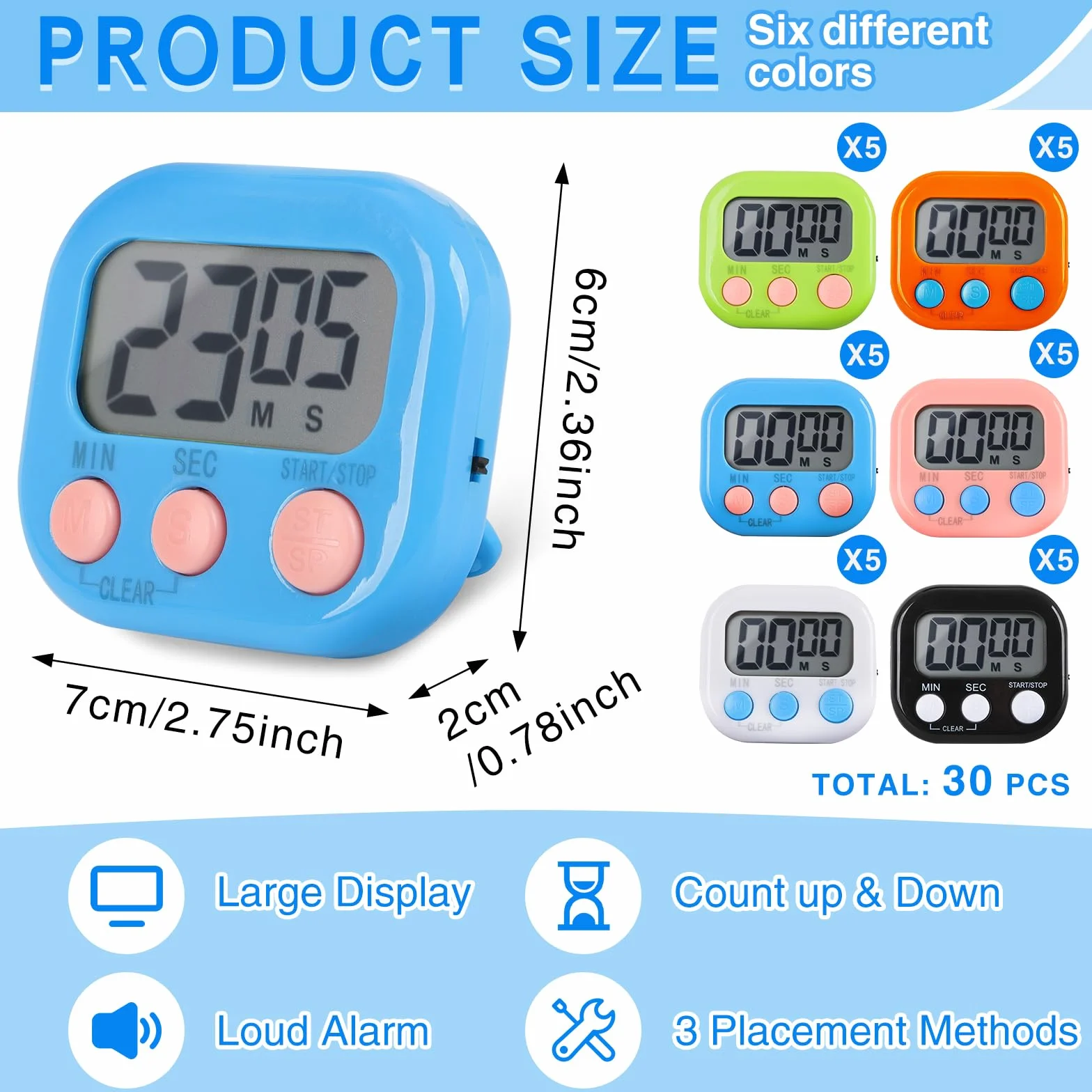 Cyfrowy minutnik kuchenny, luzem, magnetyczne timery do klasy, wyświetlacz LCD, głośny alarm, elektroniczny minutnik sekundy dla nauczyciela, ćwiczeń, gotowania, pieczenia (6 kolorów)