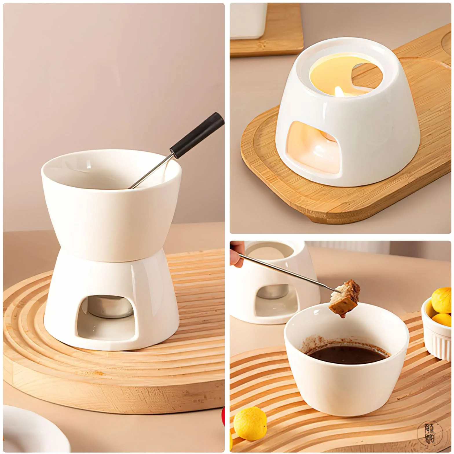 DAWRIS Ceramiczny zestaw do fondue czekoladowego Fondue czekolada Czekoladowe fondue, Miska ceramiczna z uchwytem na świeczkę i 4 widelcami, Czekoladowy zestaw do fondue do czekolady sera fondue