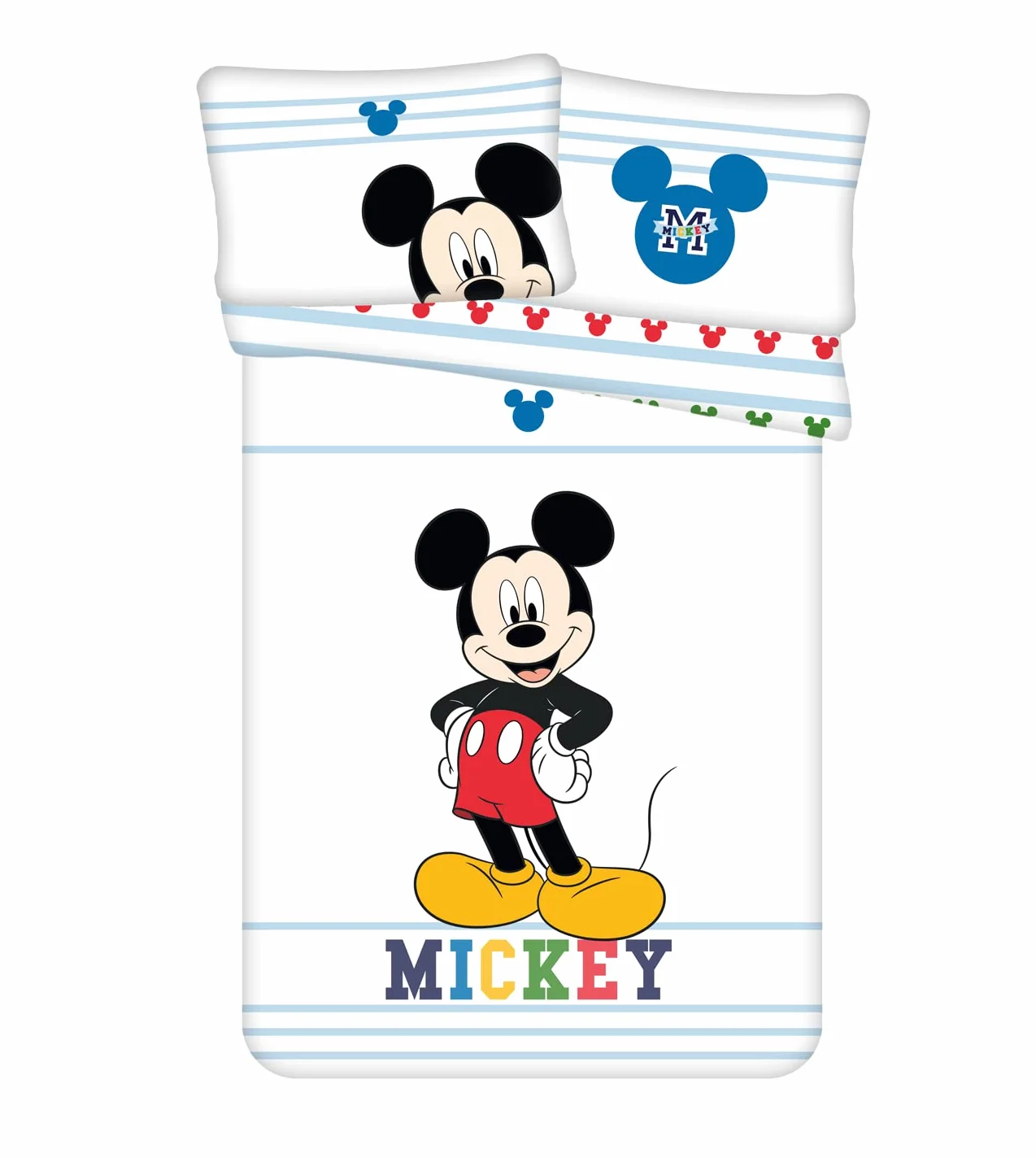 Disney Mickey Mouse Pościel dziecięca z niebieskimi paskami, kołdra 100 x 135 cm + poduszka 40 x 60 cm, 100% bawełna