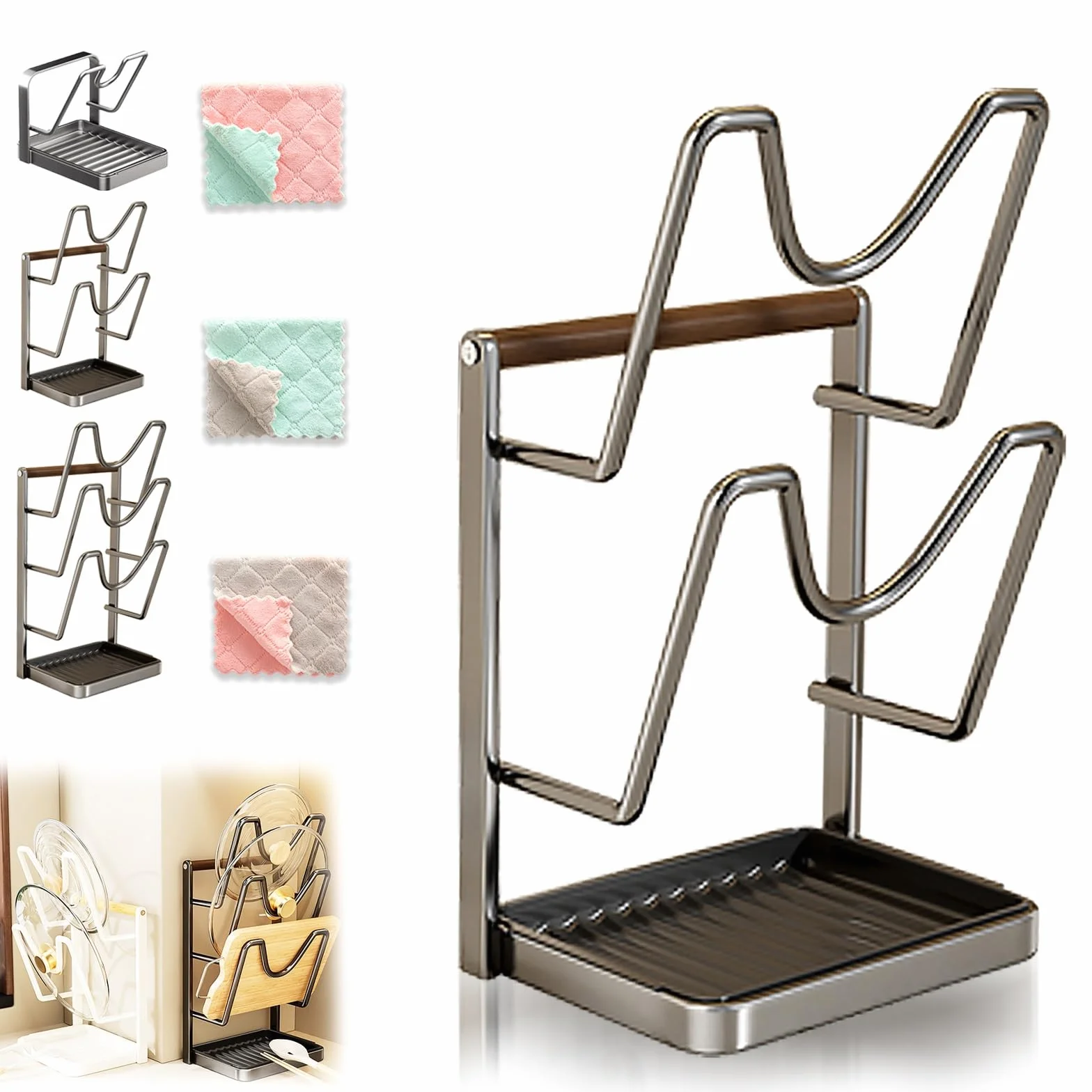 Kitchen Pot Lid Storage Rack, Pot Lid Holder with Tray, with U-Shaped Slots Organizer Rack, Multifunctional Holder while Cooking, Support Cast-Iron Stainless-Steel&Glass Lids(B-White)