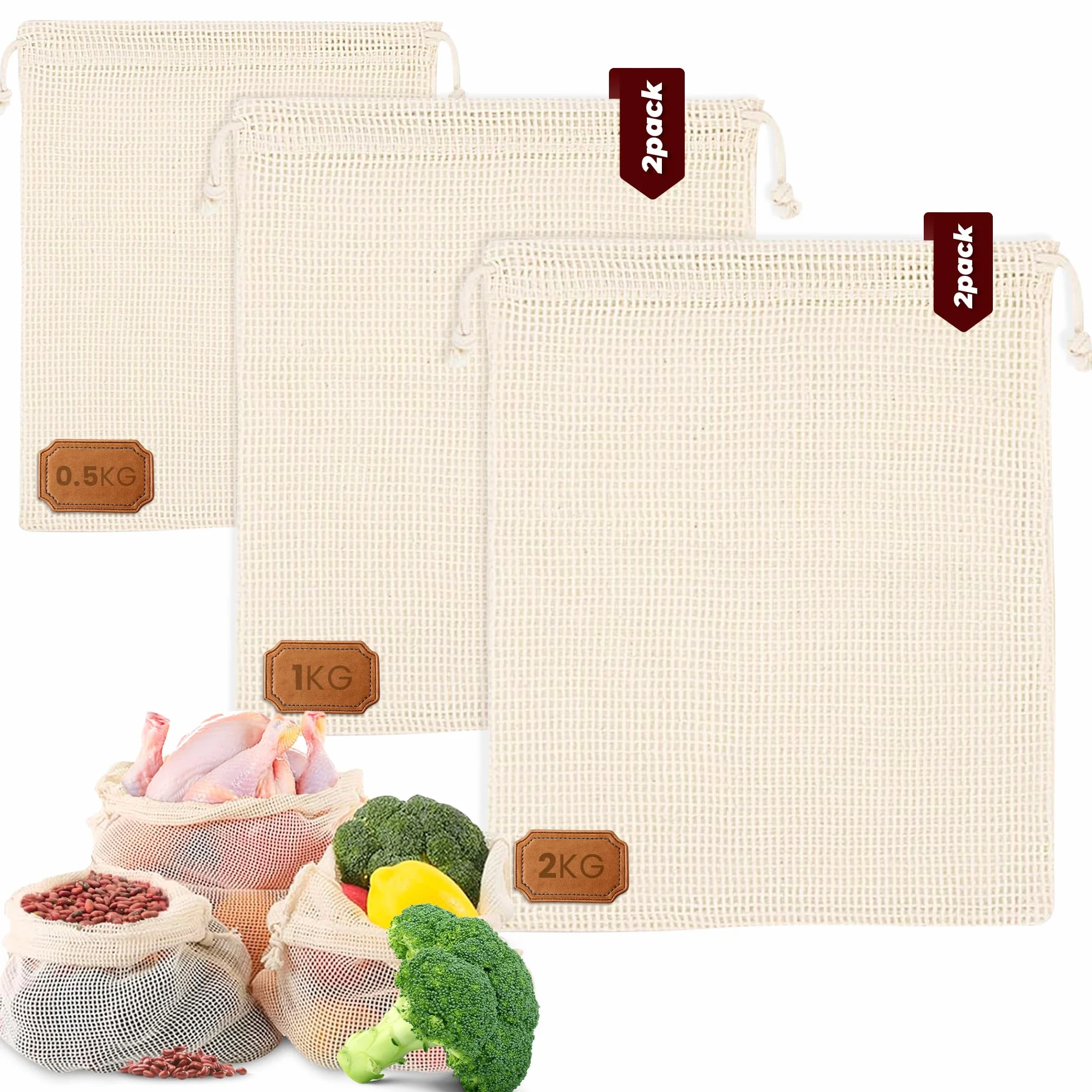 Brush & Style Zestaw 5 worków z siatki do gotowania - organiczne siatki bawełniane do gotowania roślin strączkowych, warzyw i ciecierzycy w szybkowarze - 2 x 1 kg, 2 x 2 kg i 1 x 0,5 kg, beż, Torby do