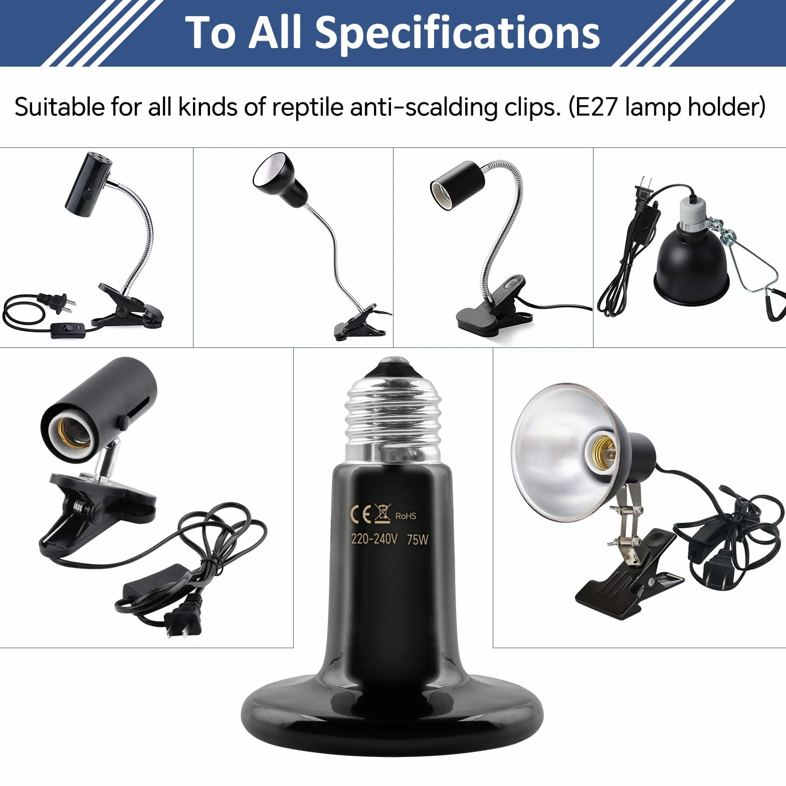 2 sztuki 75 W, ceramiczna lampa grzewcza, E27, AC 220 V, dla zwierząt, terrarium, dla gadów, żółwia, jaszczurki, węża, pająka, piskląt, 2 sztuki