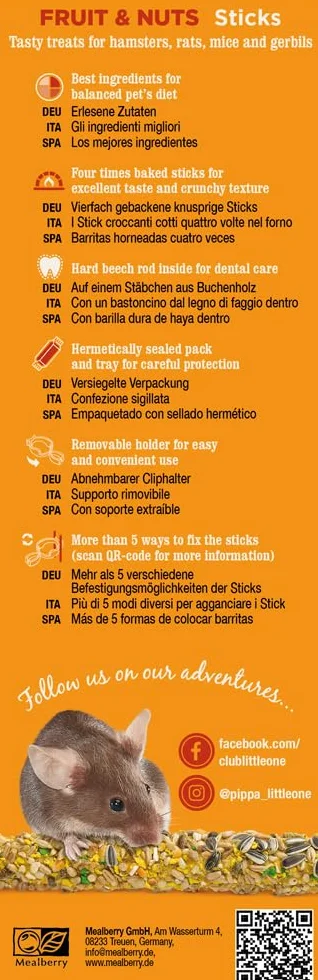 Little One Sticks dla chomików, szczurów, myszy i kiełków z owocami i orzechami włoskimi 2х60g
