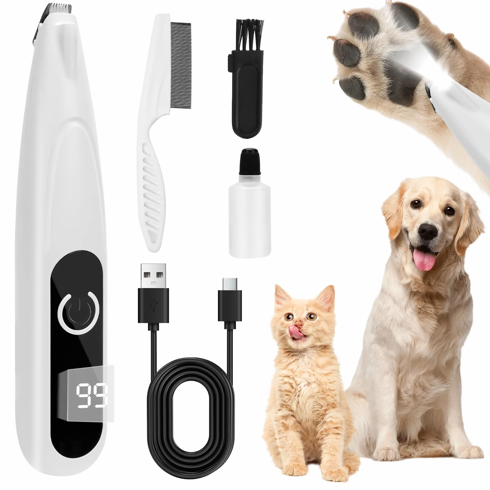 PawTrim Pro Maszynka do strzyżenia zwierząt domowych, z oświetleniem LED, do ładowania przez USB, cichy, z wyświetlaczem LED, dla psów, kotów, oczu, uszu, twarzy, ciała